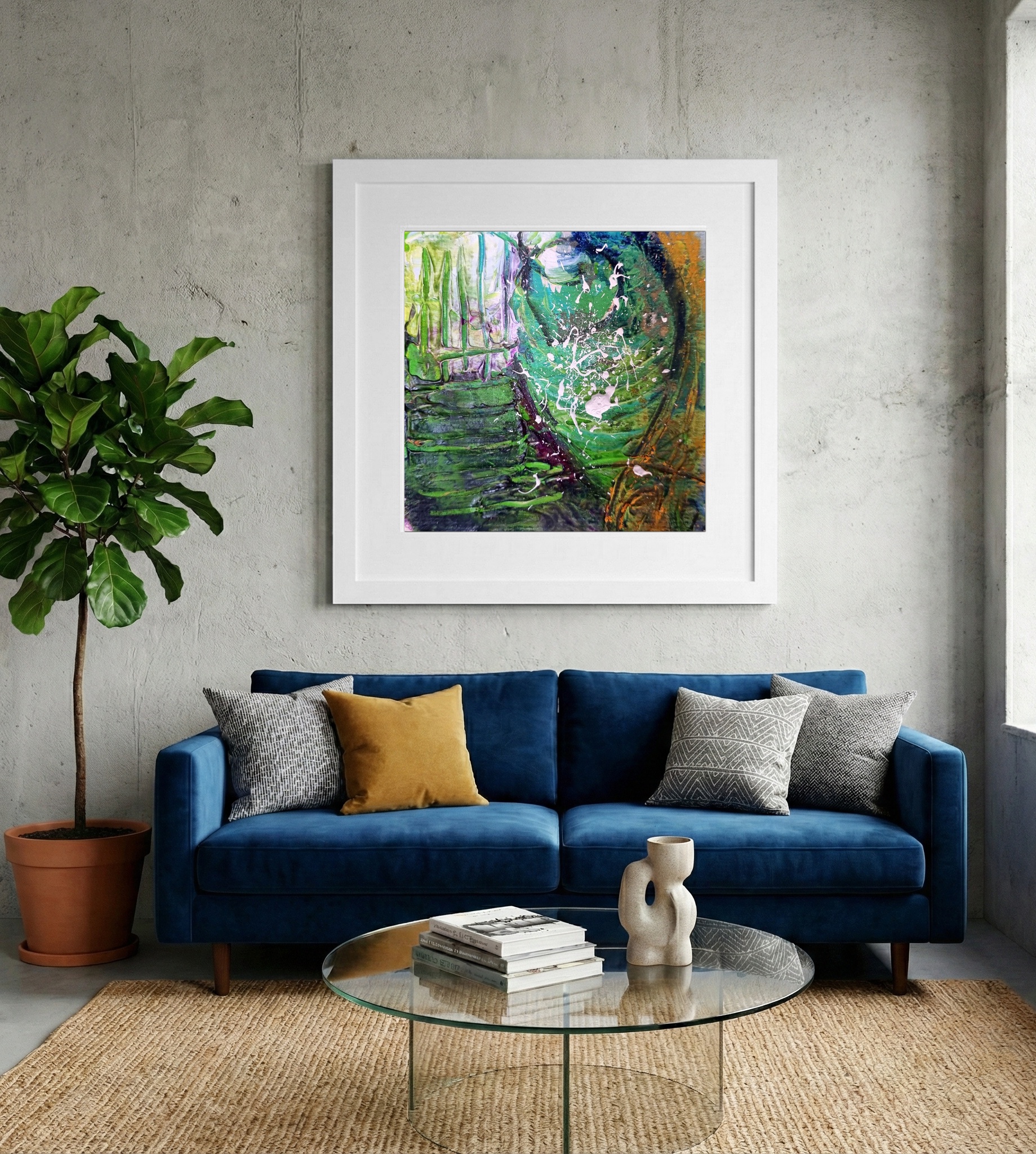 Emerald Green and White Swirls on Paper — art on the wall, room interior preview 2
