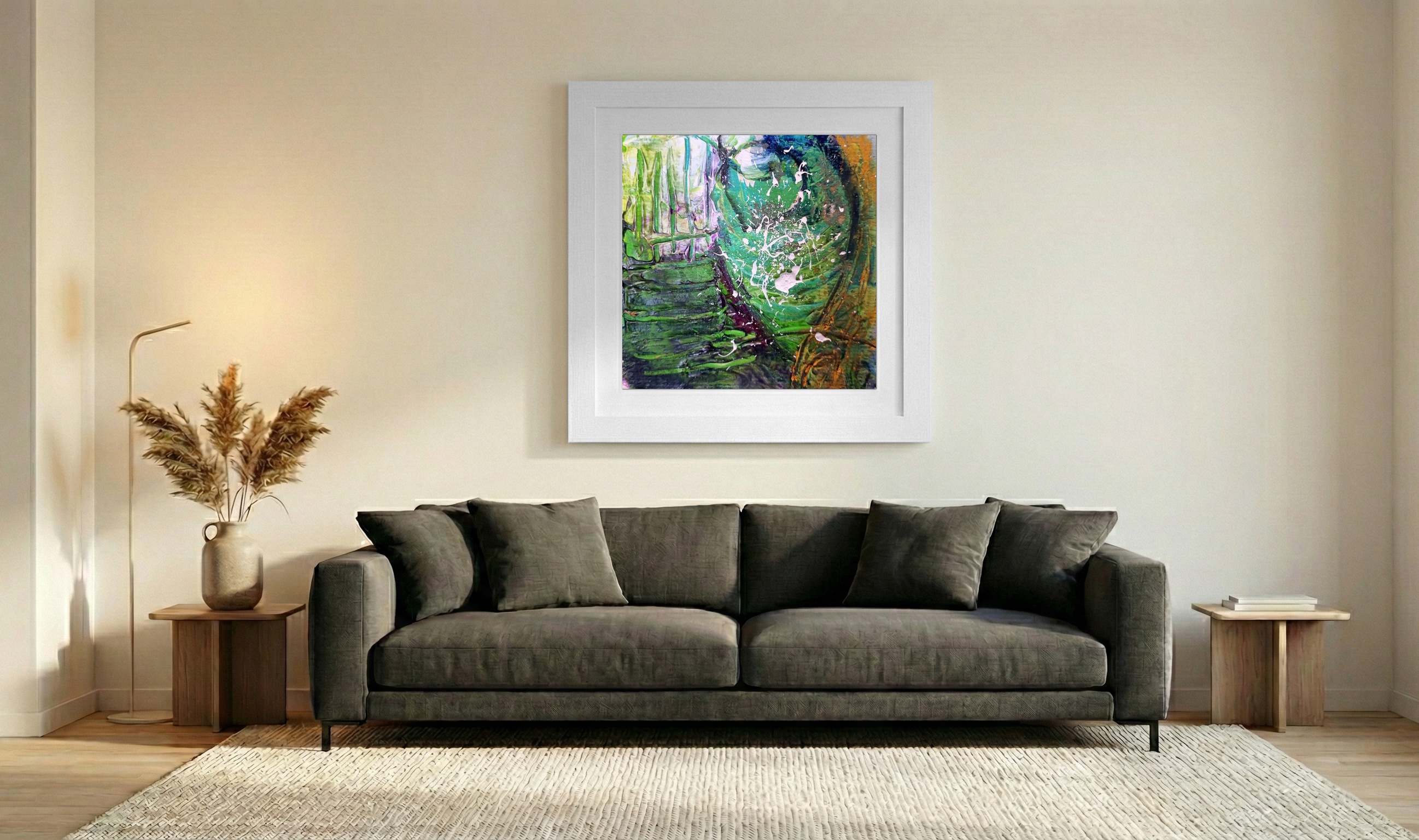 Emerald Green and White Swirls on Paper — art on the wall, room interior preview 3