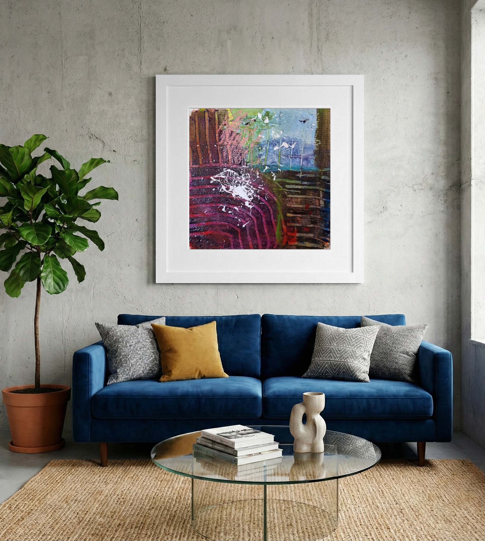 Violet and Green Watercolor Flow — art on the wall, room interior preview 2