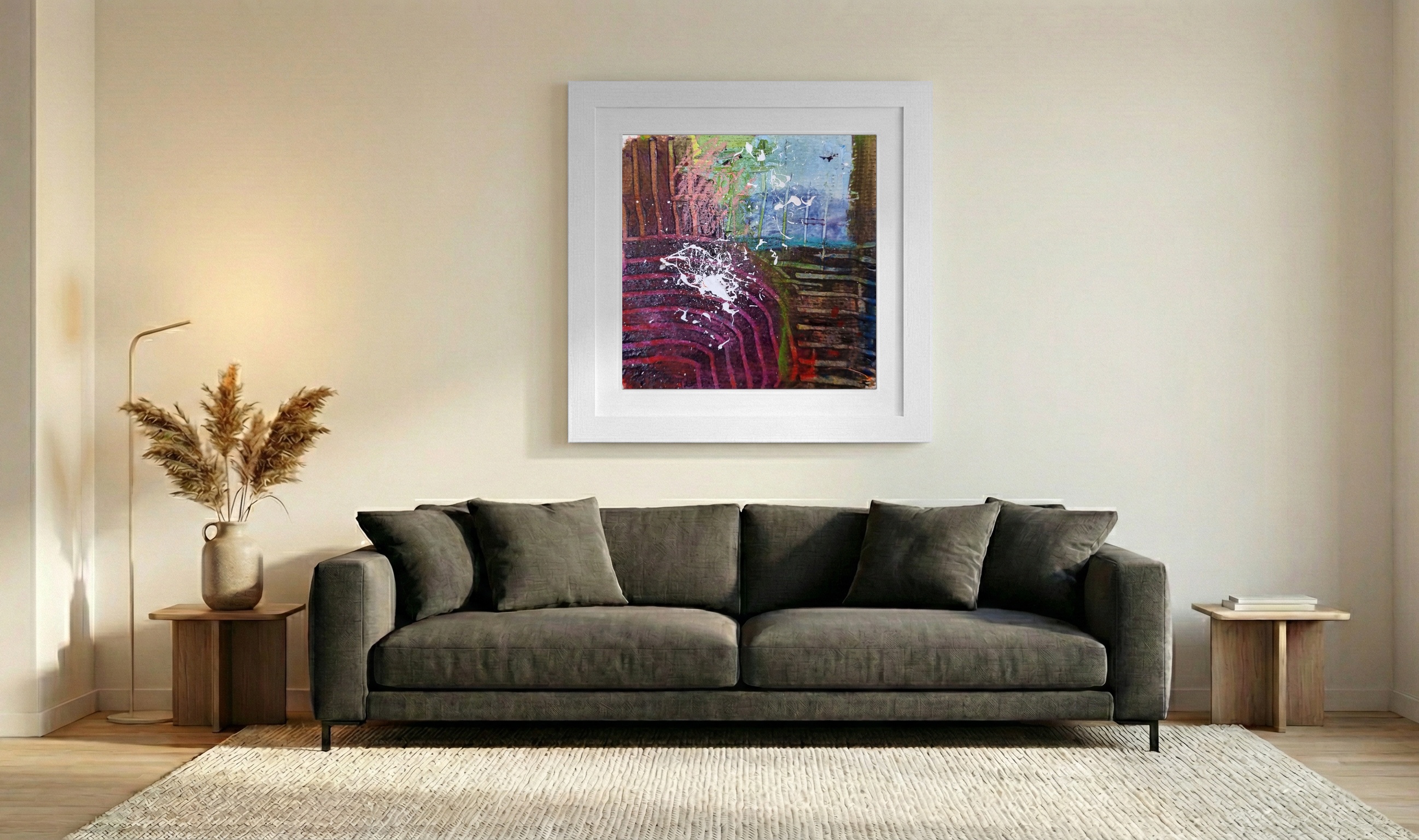 Violet and Green Watercolor Flow — art on the wall, room interior preview 3