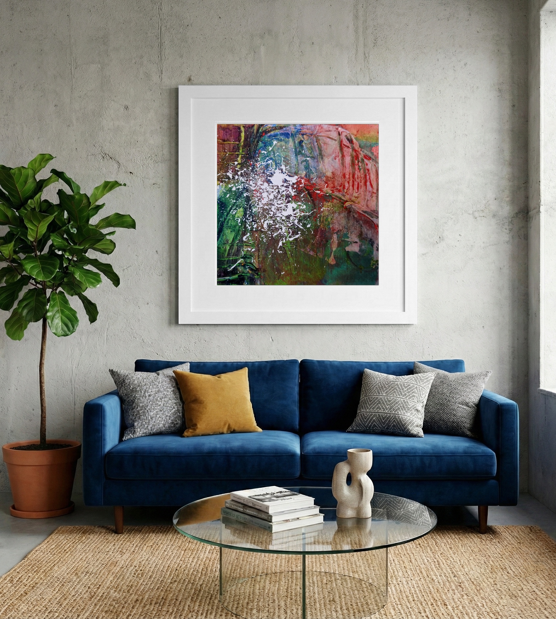 Vibrant Red and Green Tapestry — art on the wall, room interior preview 2