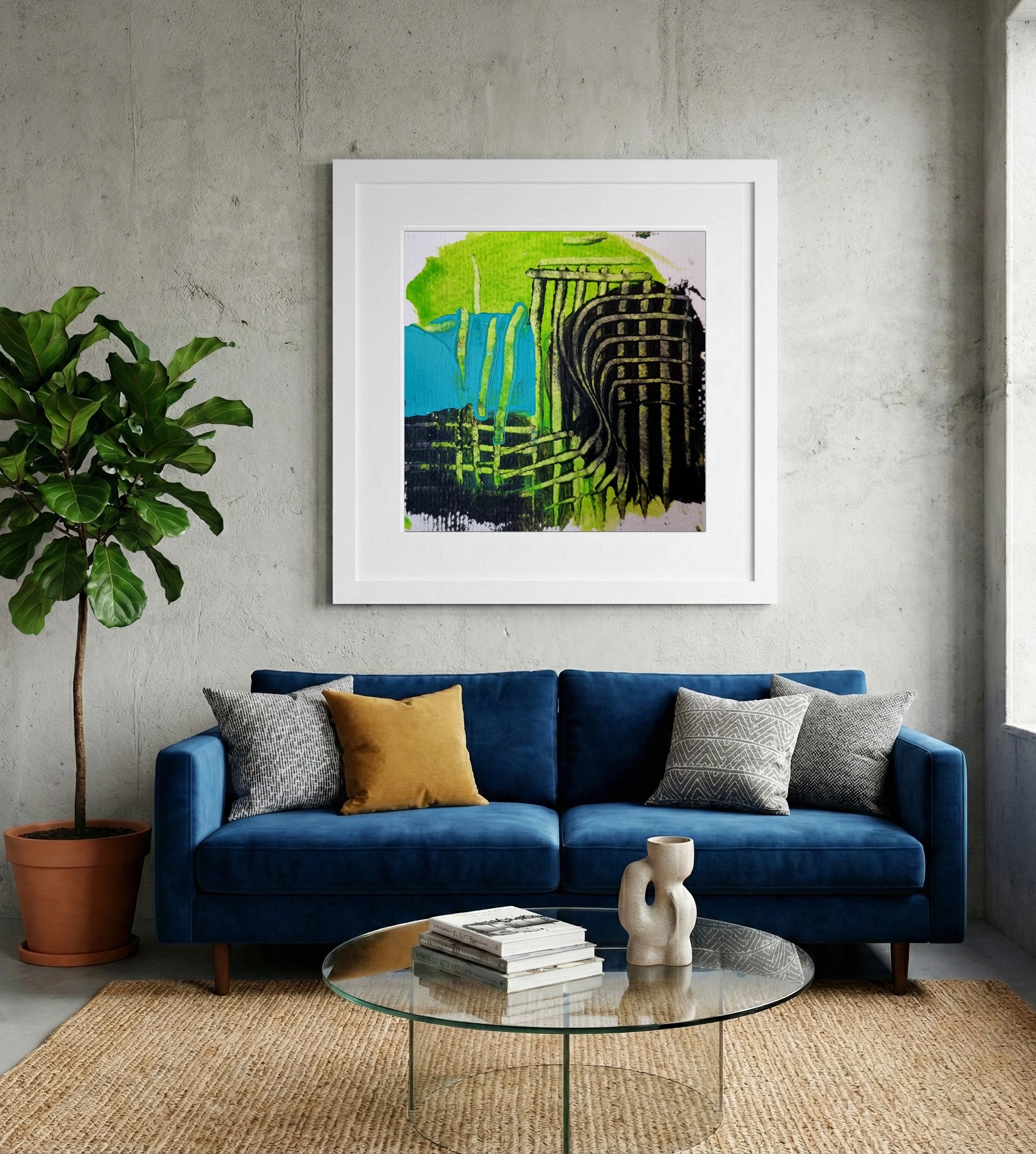 Lime Green and Deep Teal Dance — art on the wall, room interior preview 2
