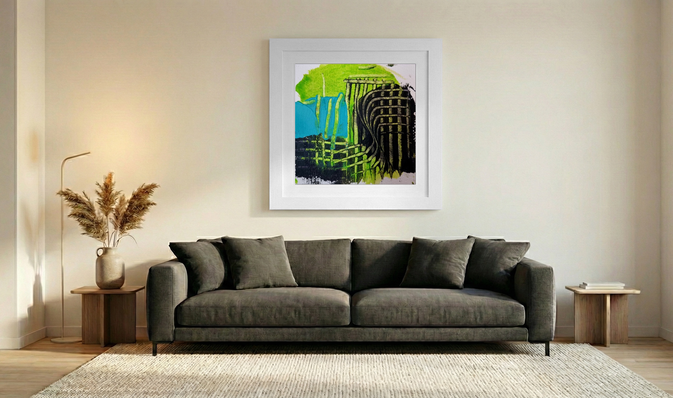 Lime Green and Deep Teal Dance — art on the wall, room interior preview 3
