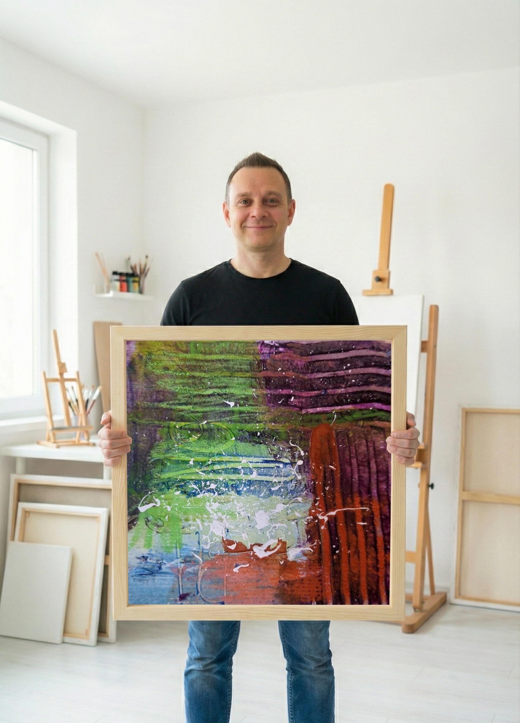 Green and Orange Acrylic Splash — art on the wall, room interior preview 2