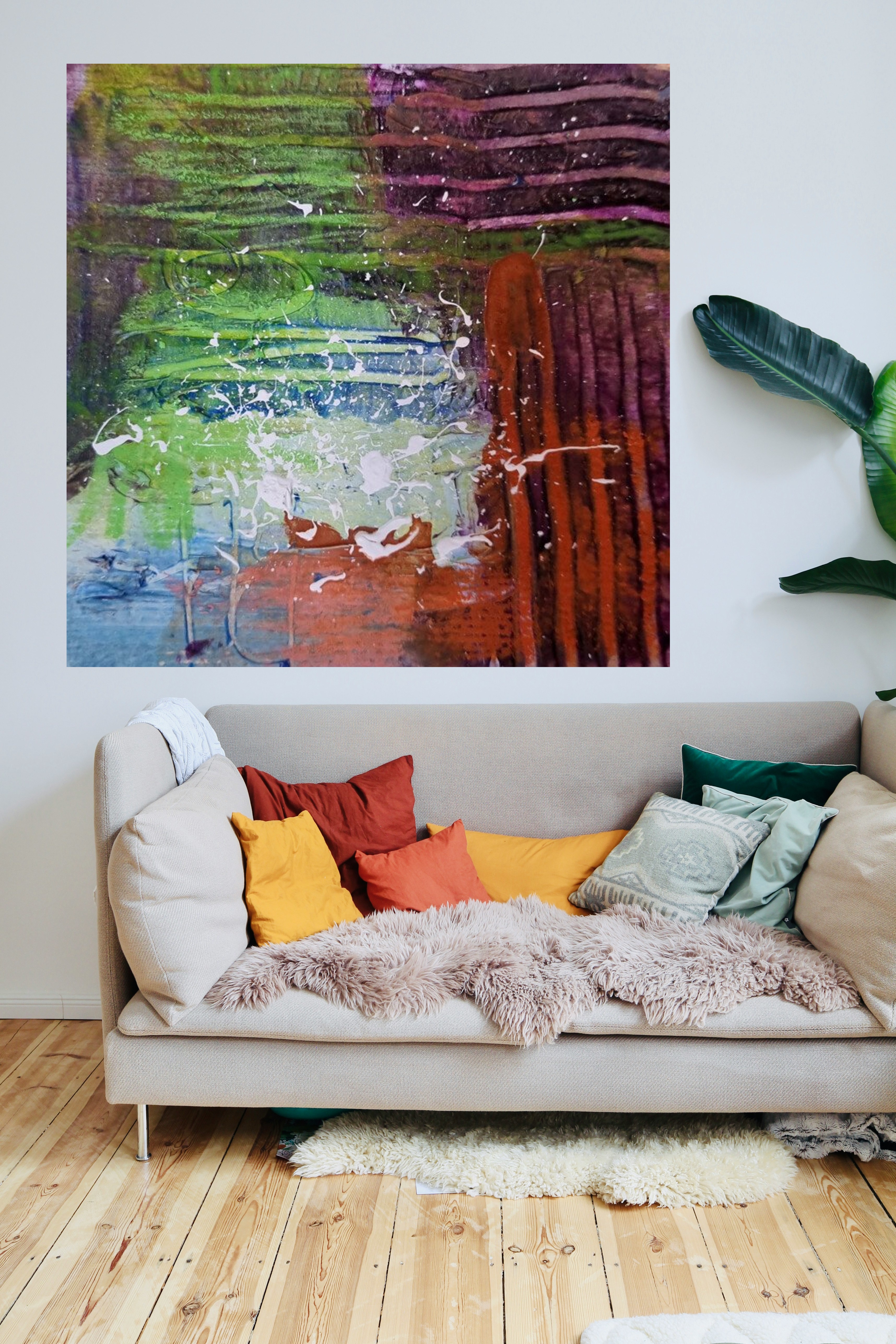 Green and Orange Acrylic Splash — art on the wall, room interior preview 3