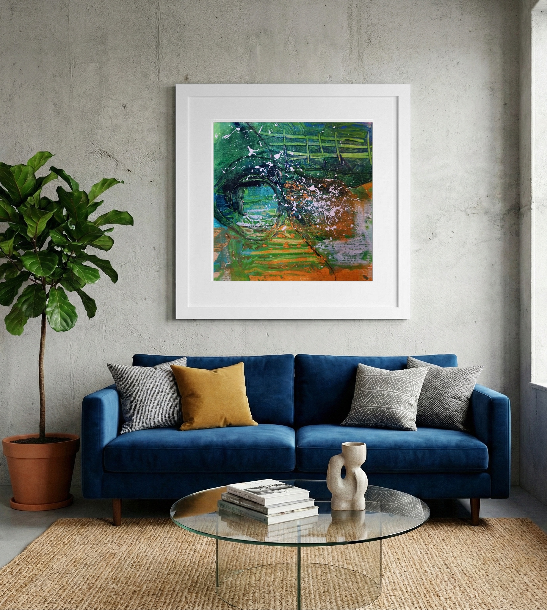 Emerald and Orange Swirl — art on the wall, room interior preview 2