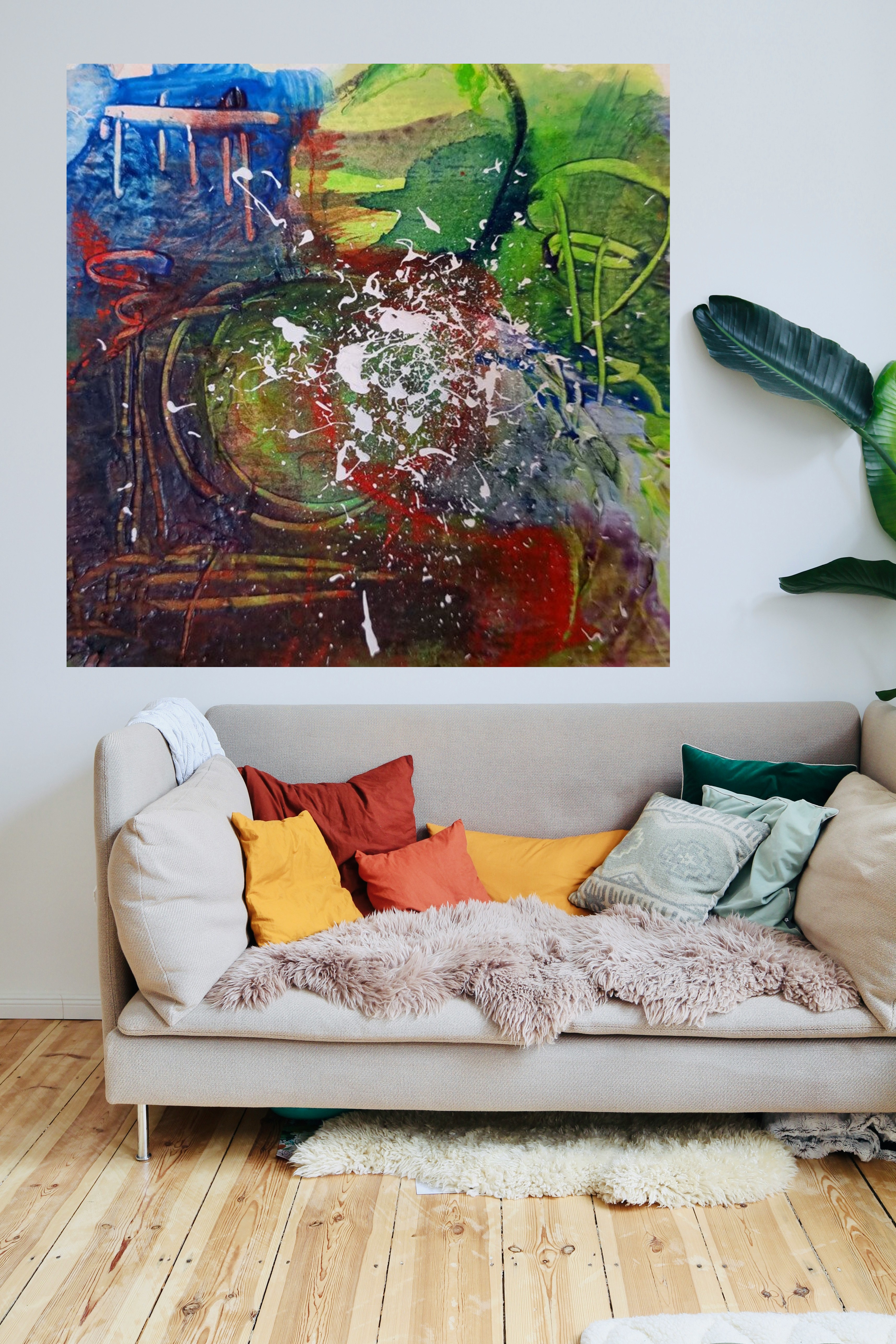 Dynamic Green Abstract with Cerulean — art on the wall, room interior preview 1