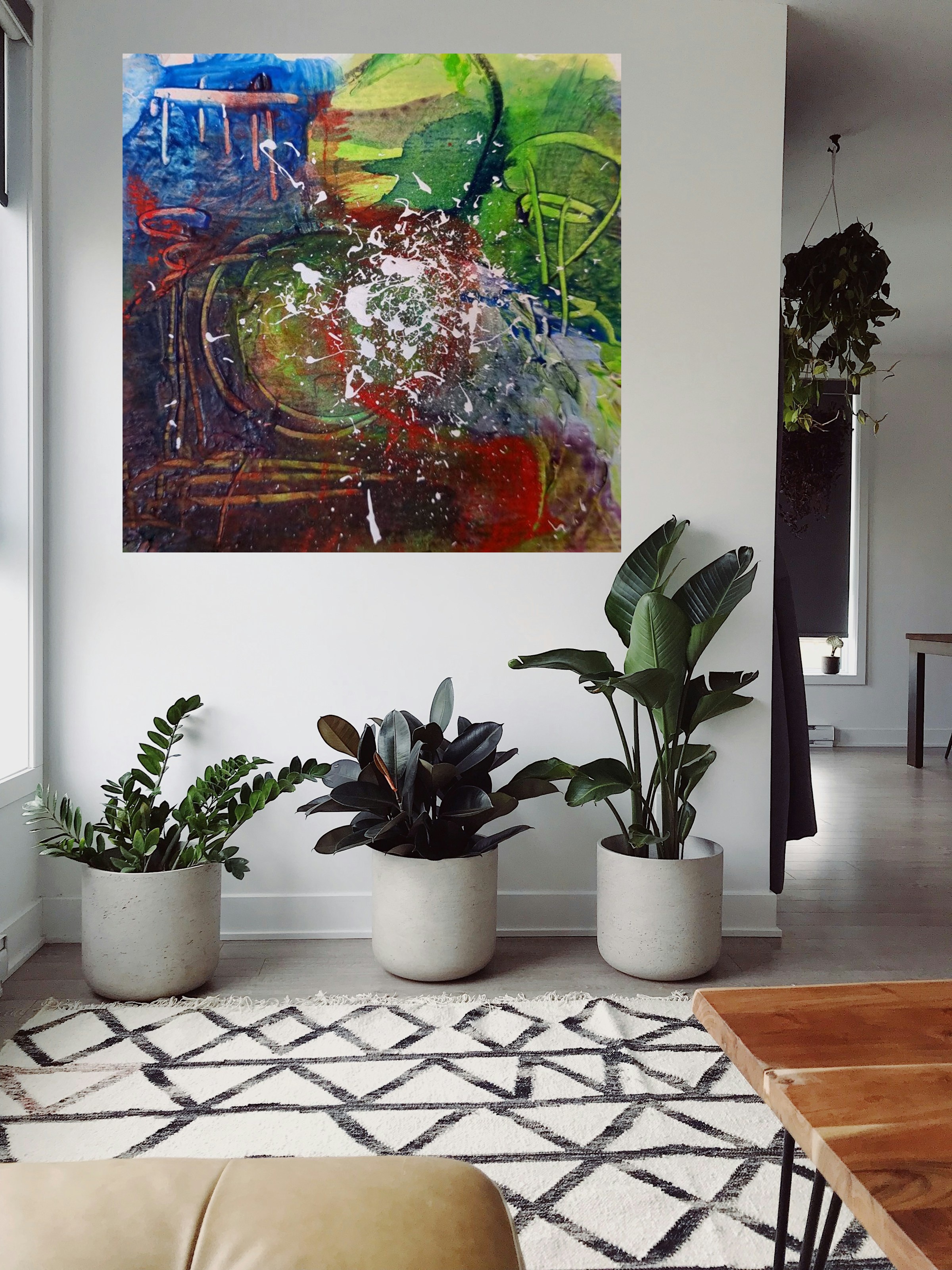 Dynamic Green Abstract with Cerulean — art on the wall, room interior preview 2