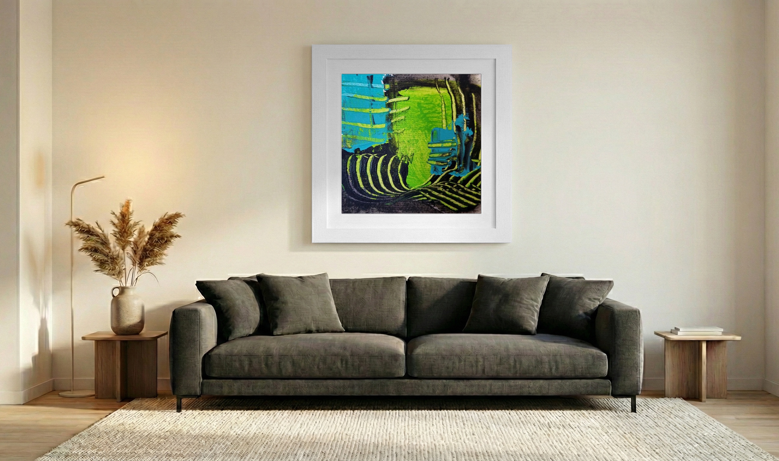 Cerulean and Lime Green Fusion — art on the wall, room interior preview 3