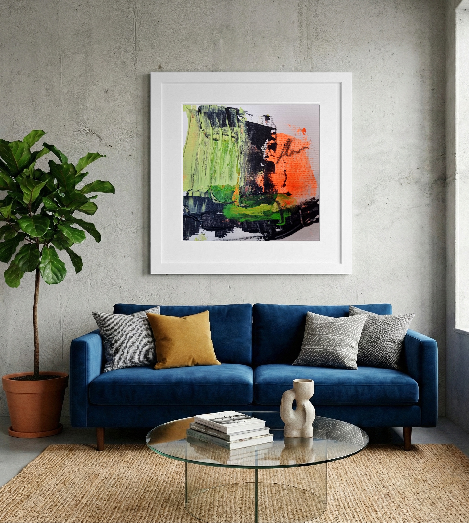 Lime Green and Fiery Orange Splash — art on the wall, room interior preview 2