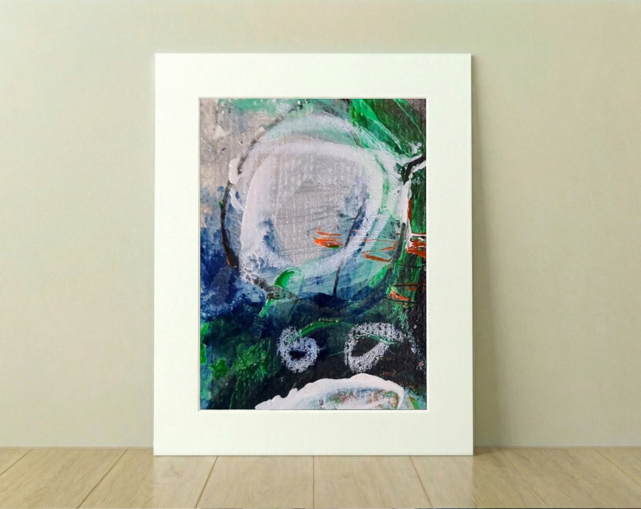 Emerald Green and Fiery Orange on Paper β art on the wall, room interior preview 1