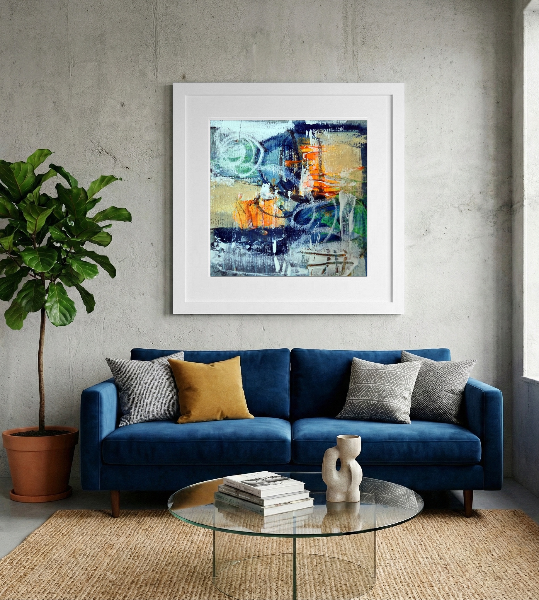 Cerulean and Burnt Orange on Paper — art on the wall, room interior preview 2