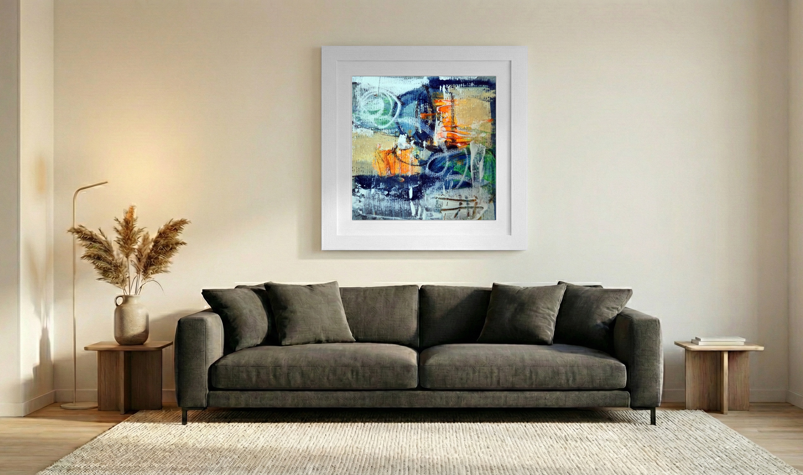 Cerulean and Burnt Orange on Paper — art on the wall, room interior preview 3