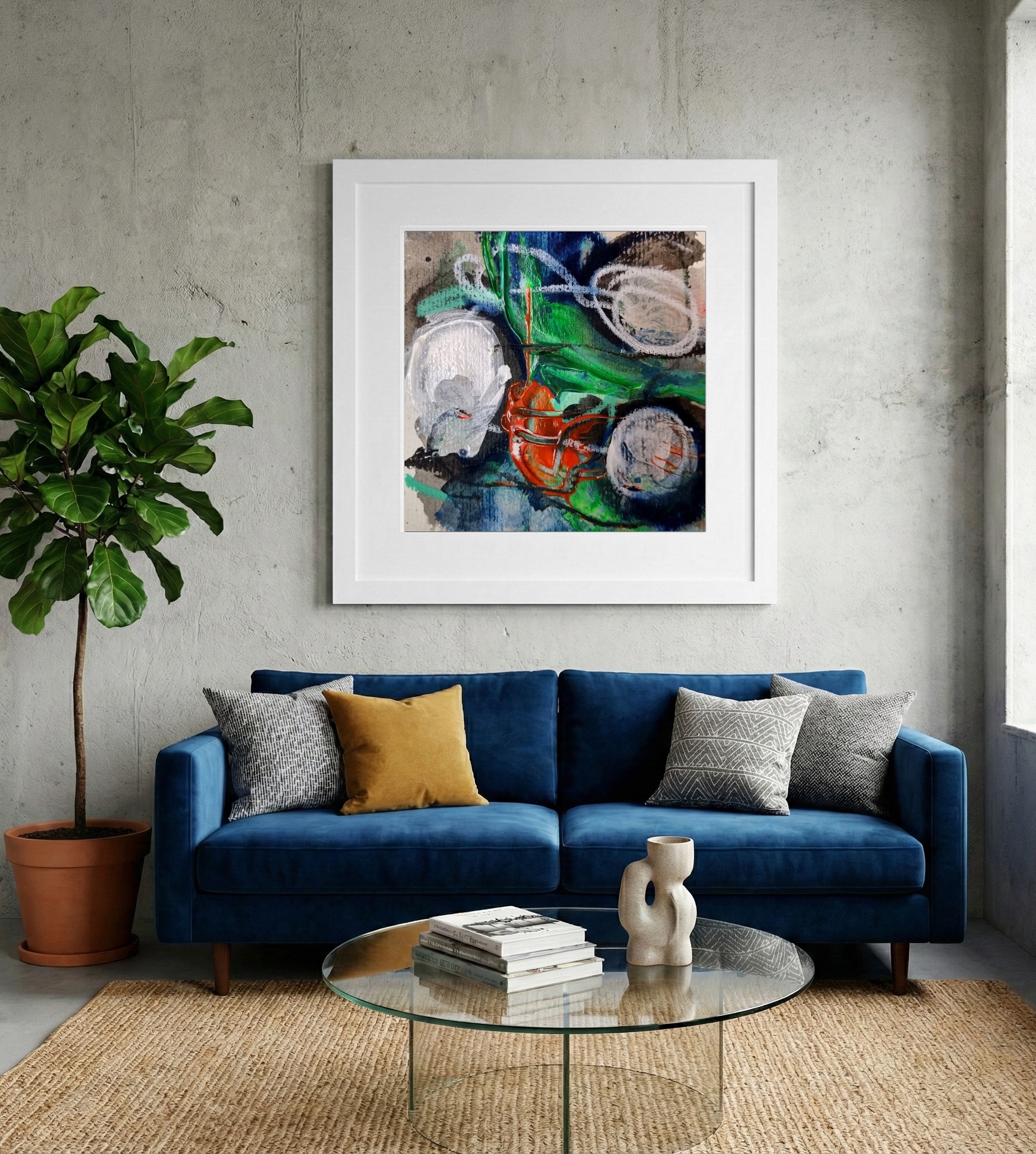 Vivid Green with Orange Accents on Paper — art on the wall, room interior preview 2