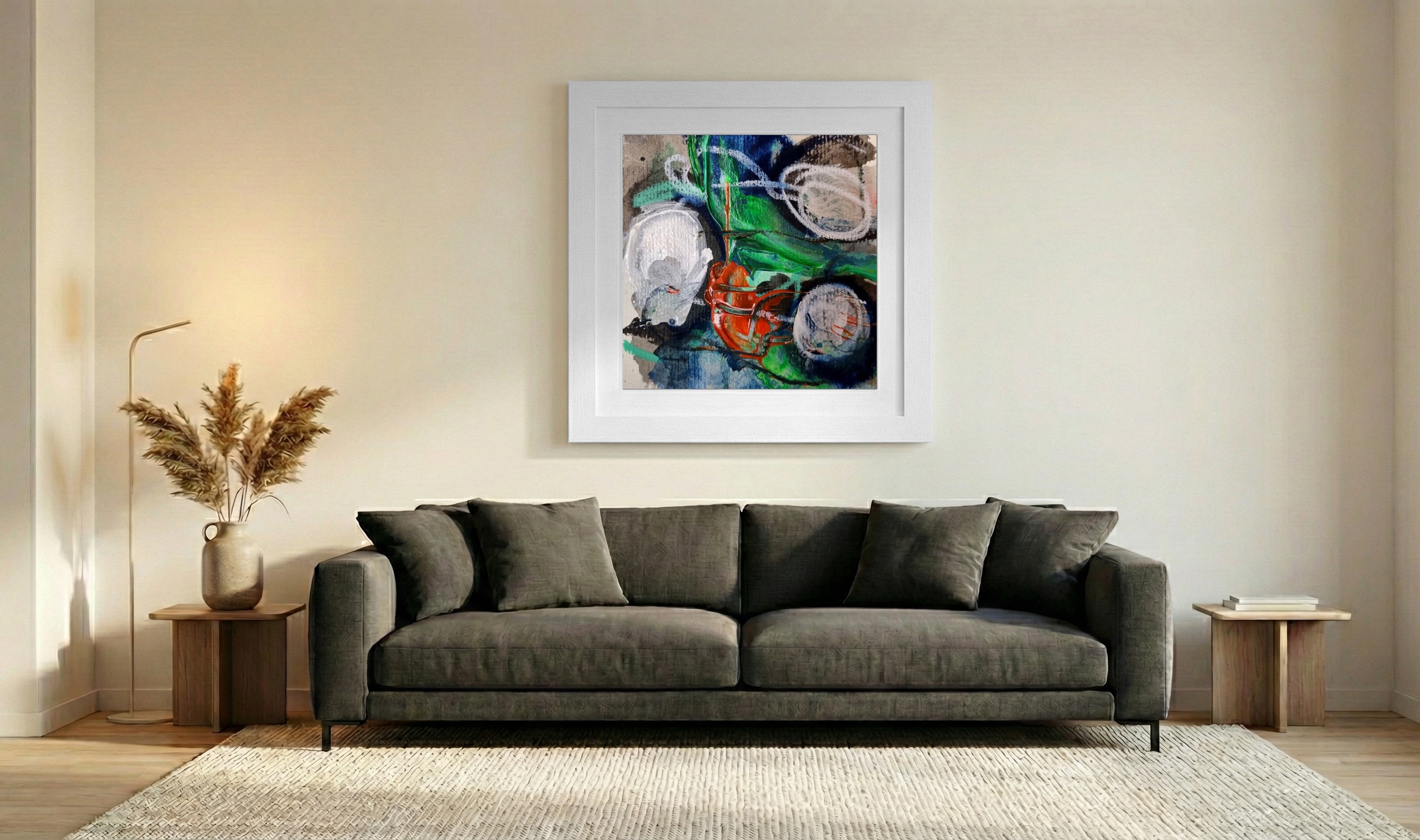 Vivid Green with Orange Accents on Paper — art on the wall, room interior preview 3
