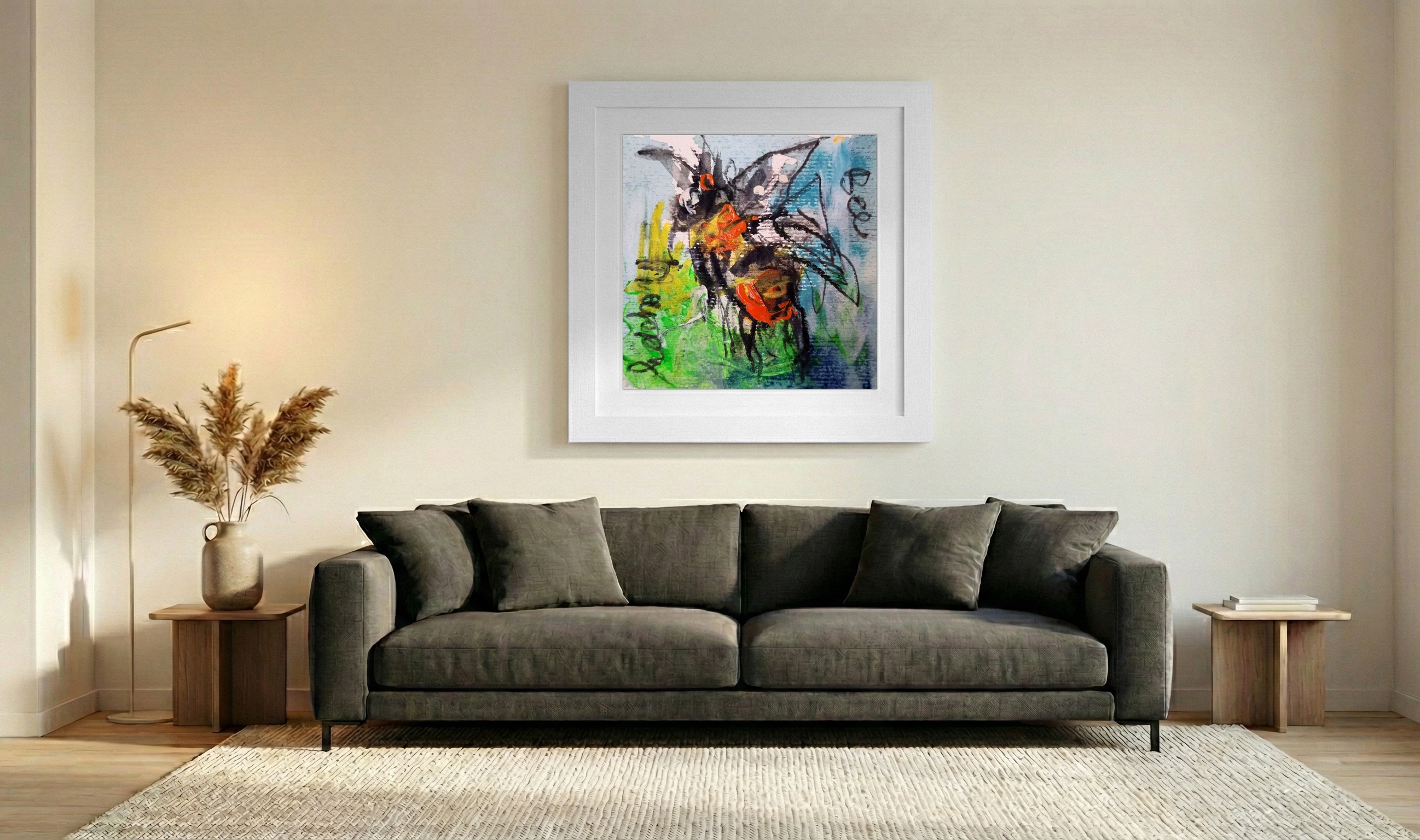 Black and Orange Bee with Aqua Background on Paper — art on the wall, room interior preview 3