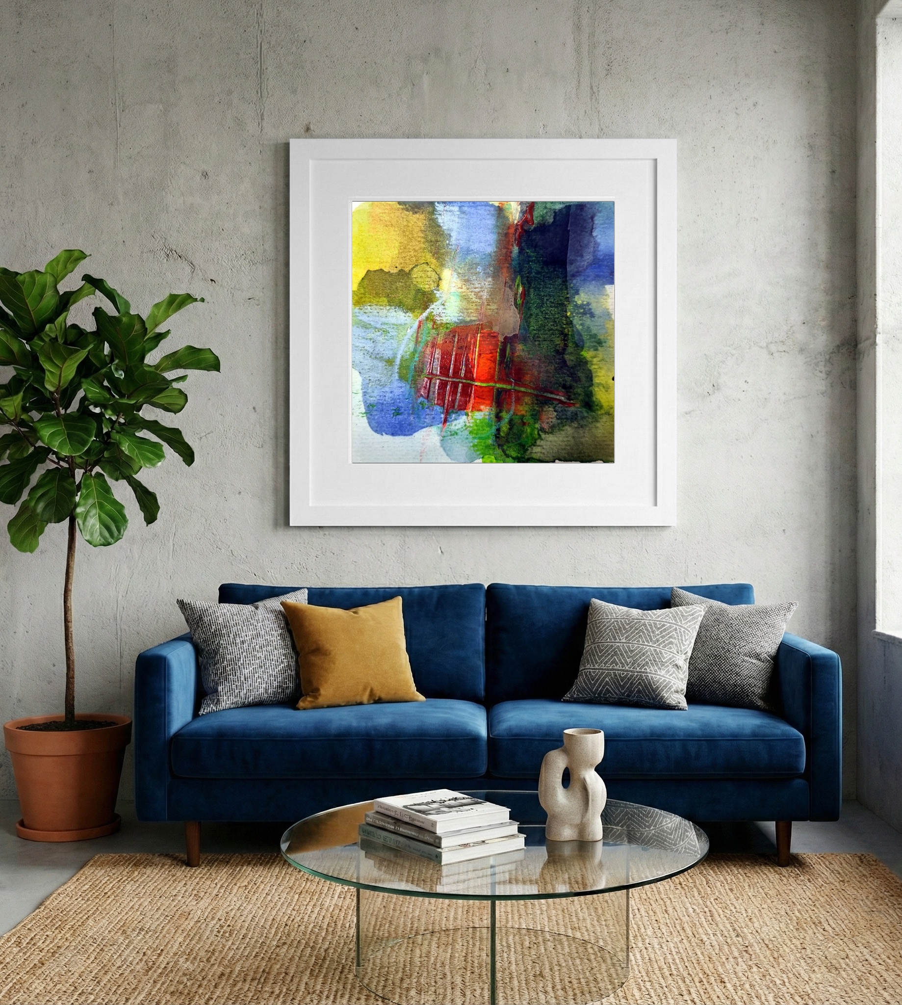 Crimson and Green Watercolor Abstract on Paper — art on the wall, room interior preview 2