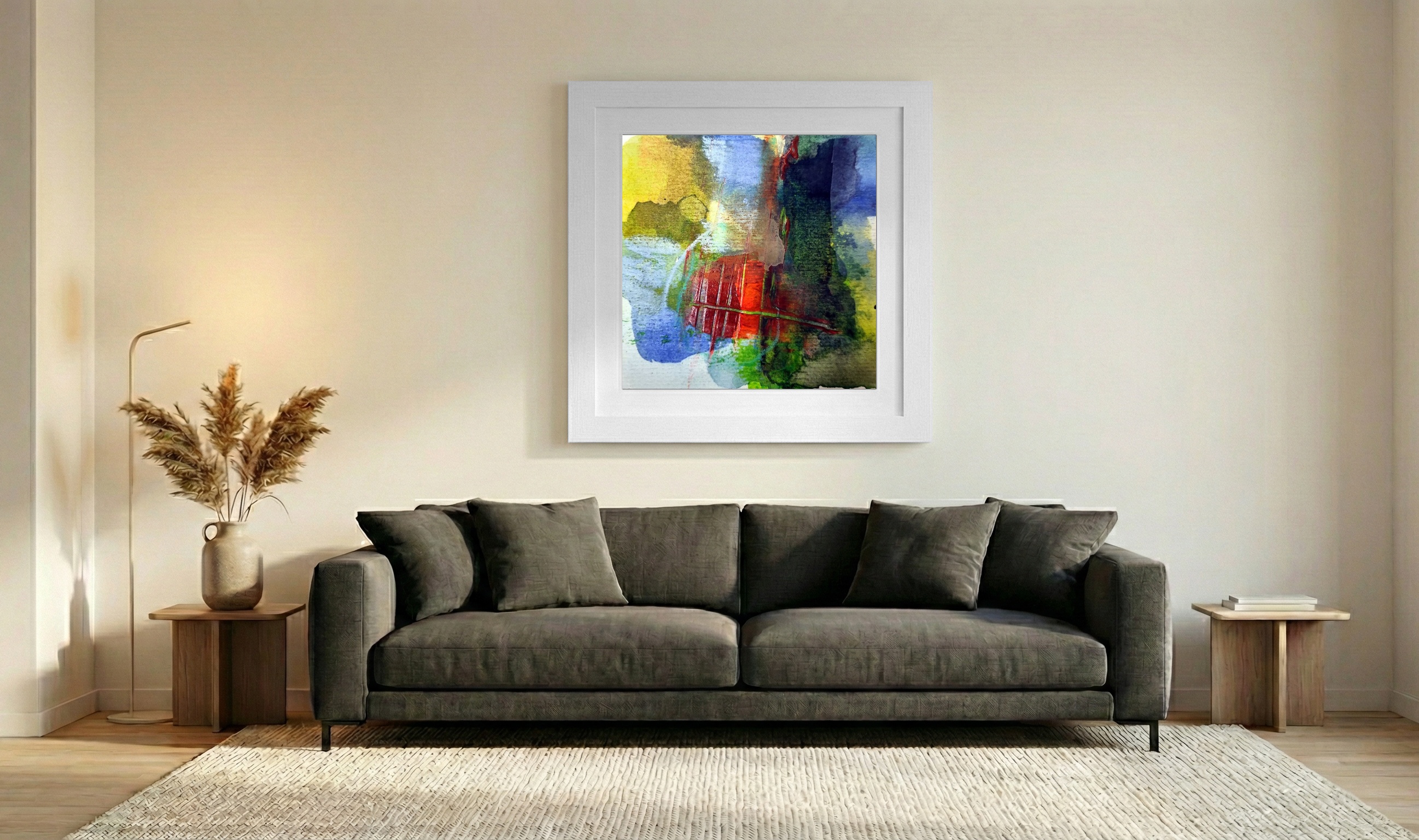 Crimson and Green Watercolor Abstract on Paper — art on the wall, room interior preview 3