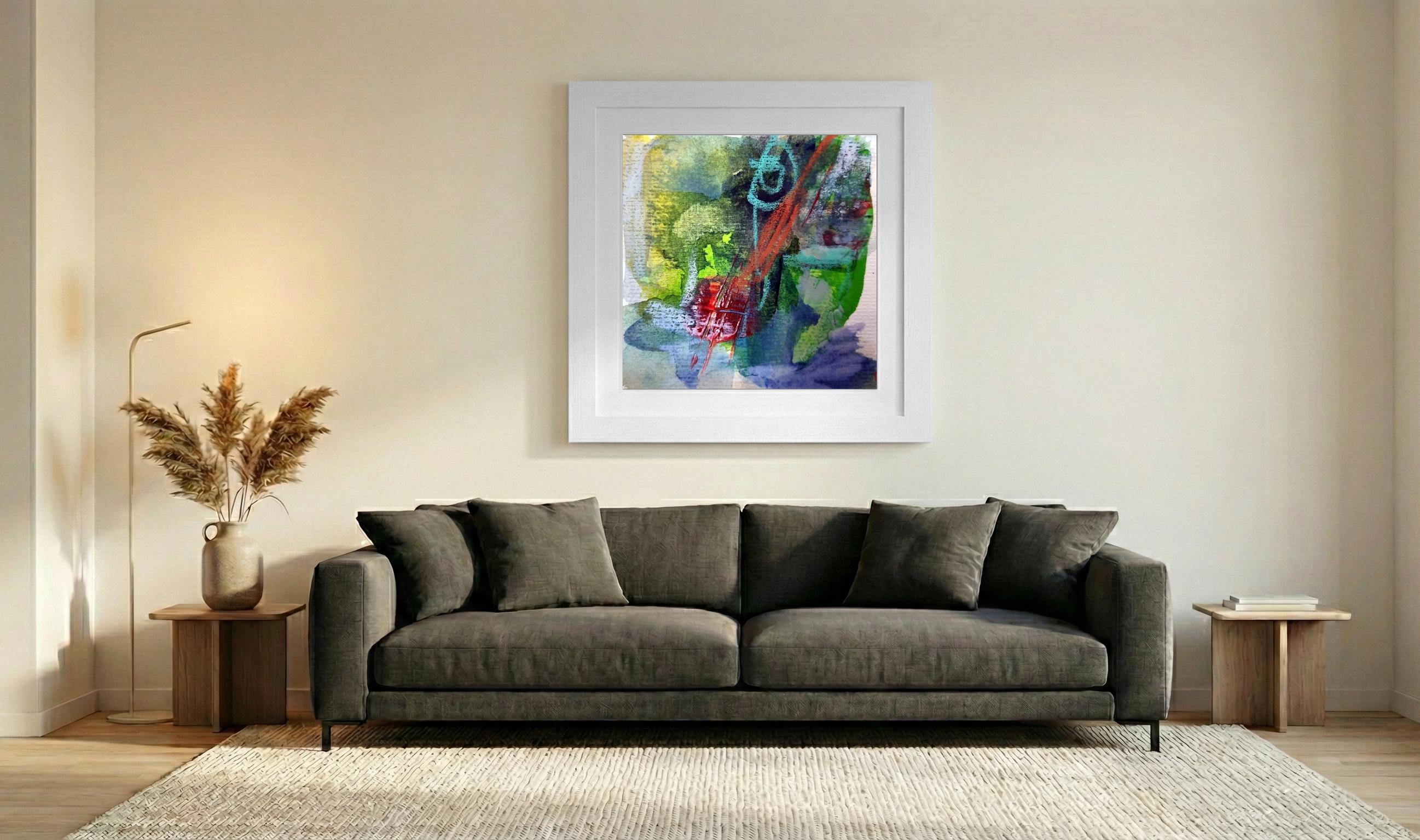 Bright Green and Red Ink Abstract on Paper — art on the wall, room interior preview 3