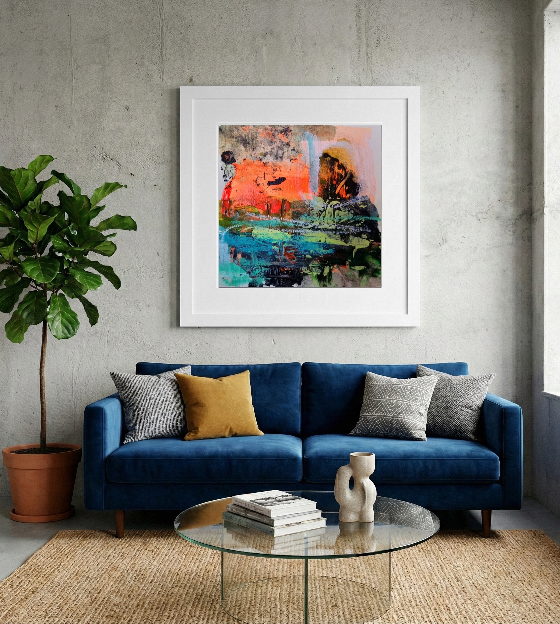 Crimson and Teal Summer Memory on Paper — art on the wall, room interior preview 2