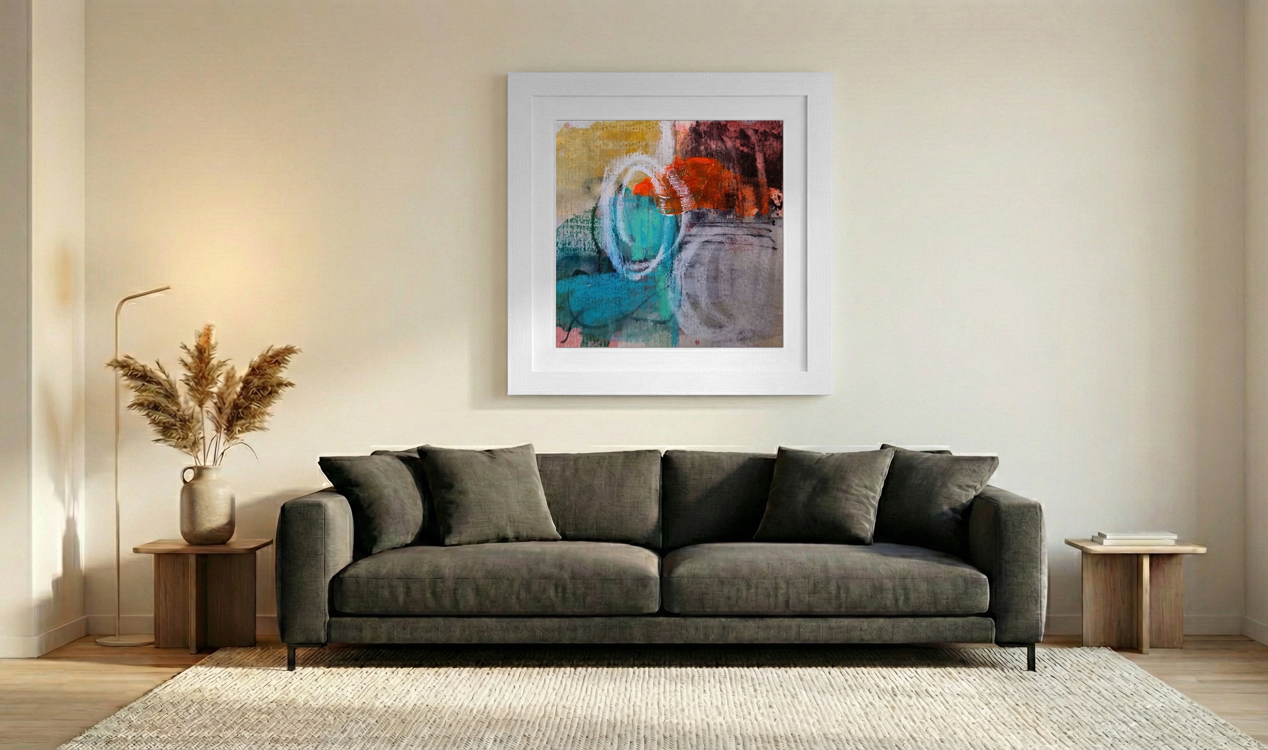Teal and Orange Dynamic Abstract on Paper — art on the wall, room interior preview 3