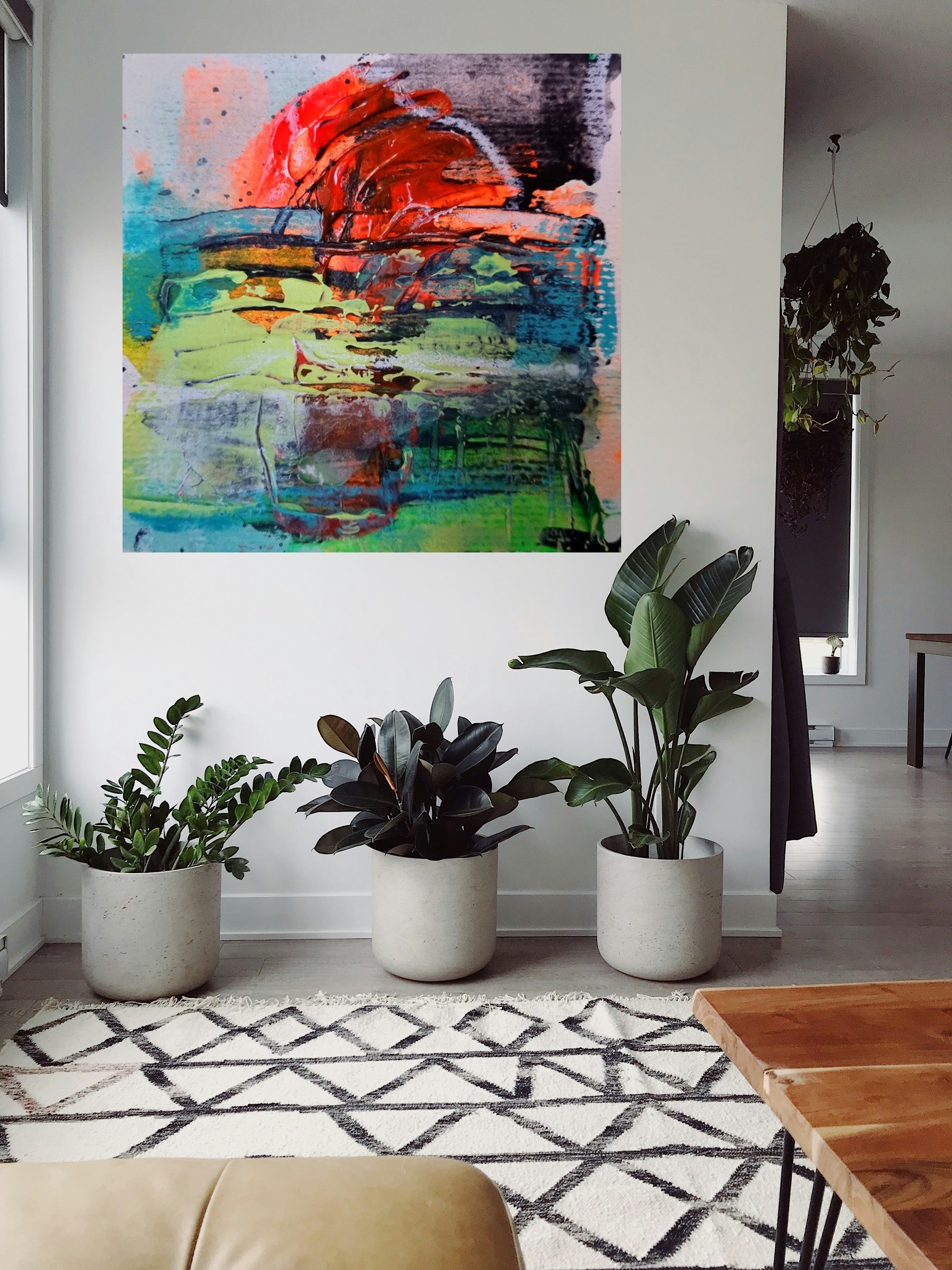 Orange Red and Blue Abstract on Paper — art on the wall, room interior preview 1