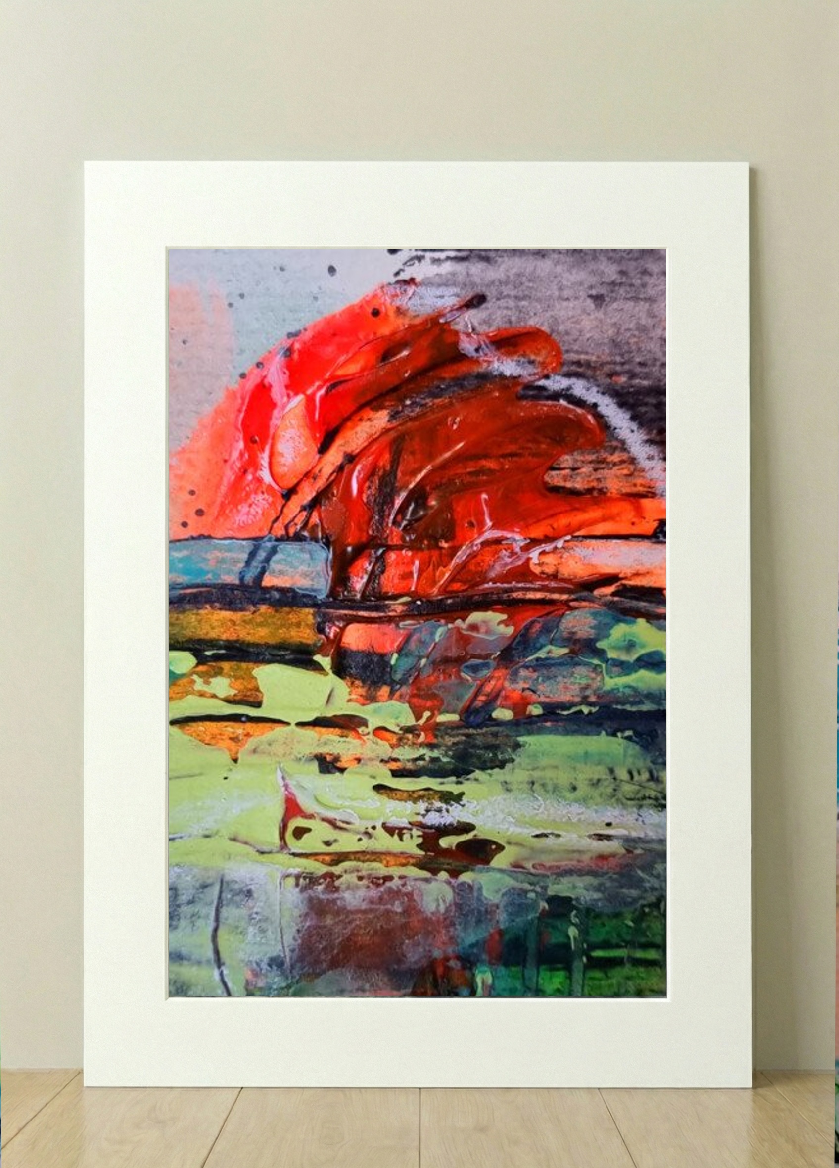 Orange Red and Blue Abstract on Paper — art on the wall, room interior preview 2