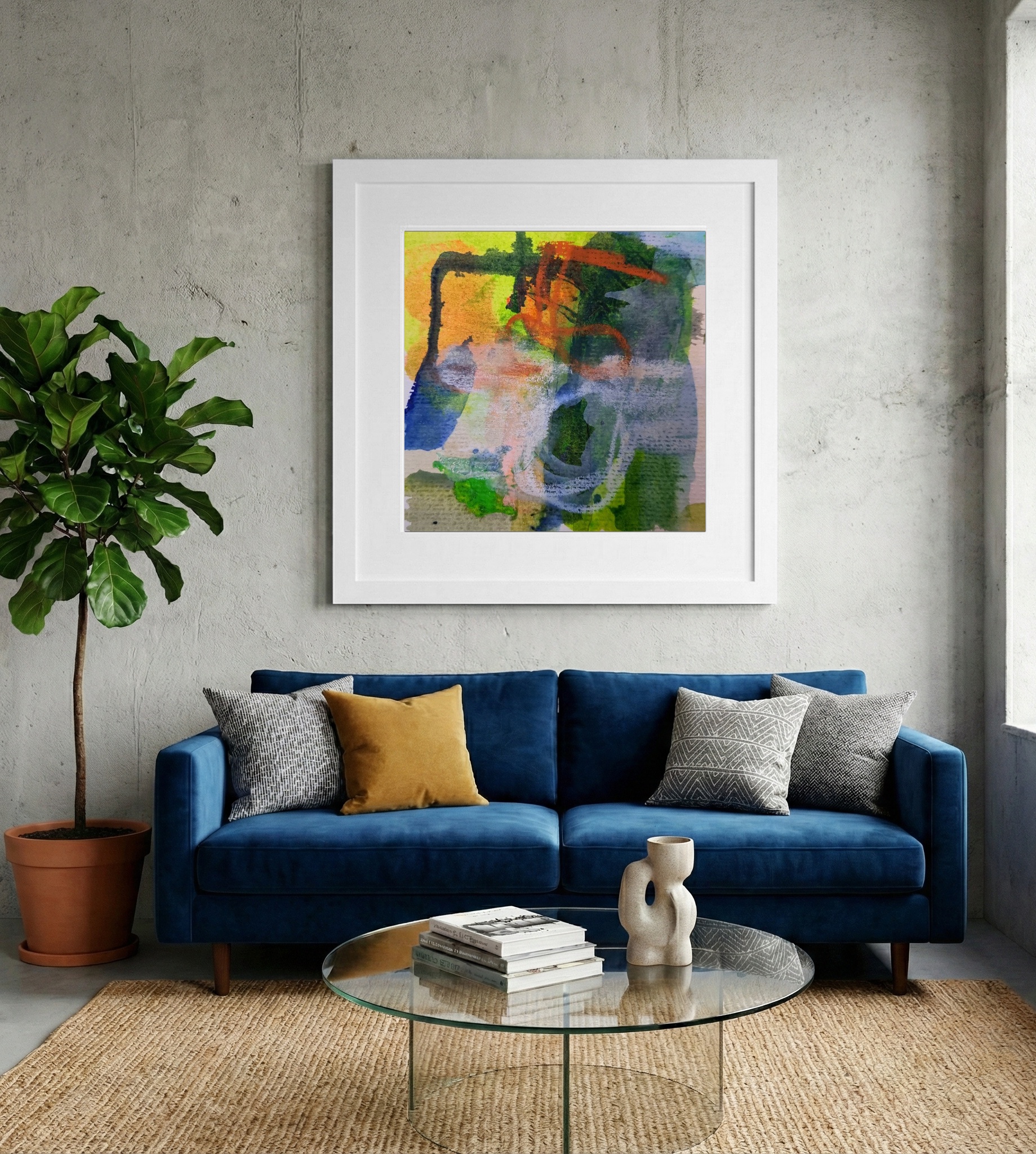 Bright Green and Orange Dancing Abstract on Paper — art on the wall, room interior preview 2