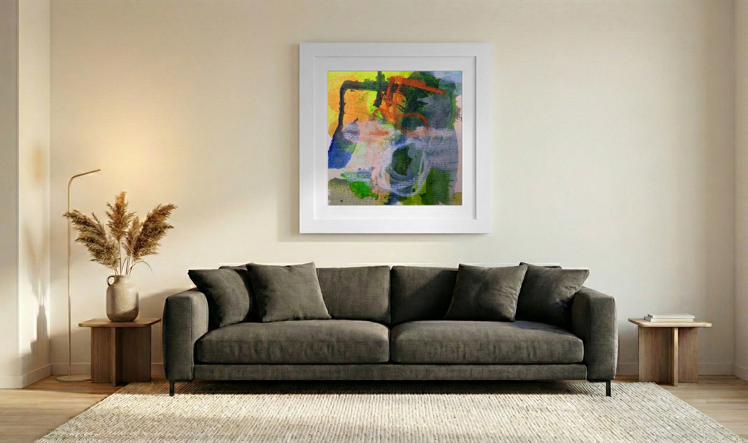 Bright Green and Orange Dancing Abstract on Paper — art on the wall, room interior preview 3