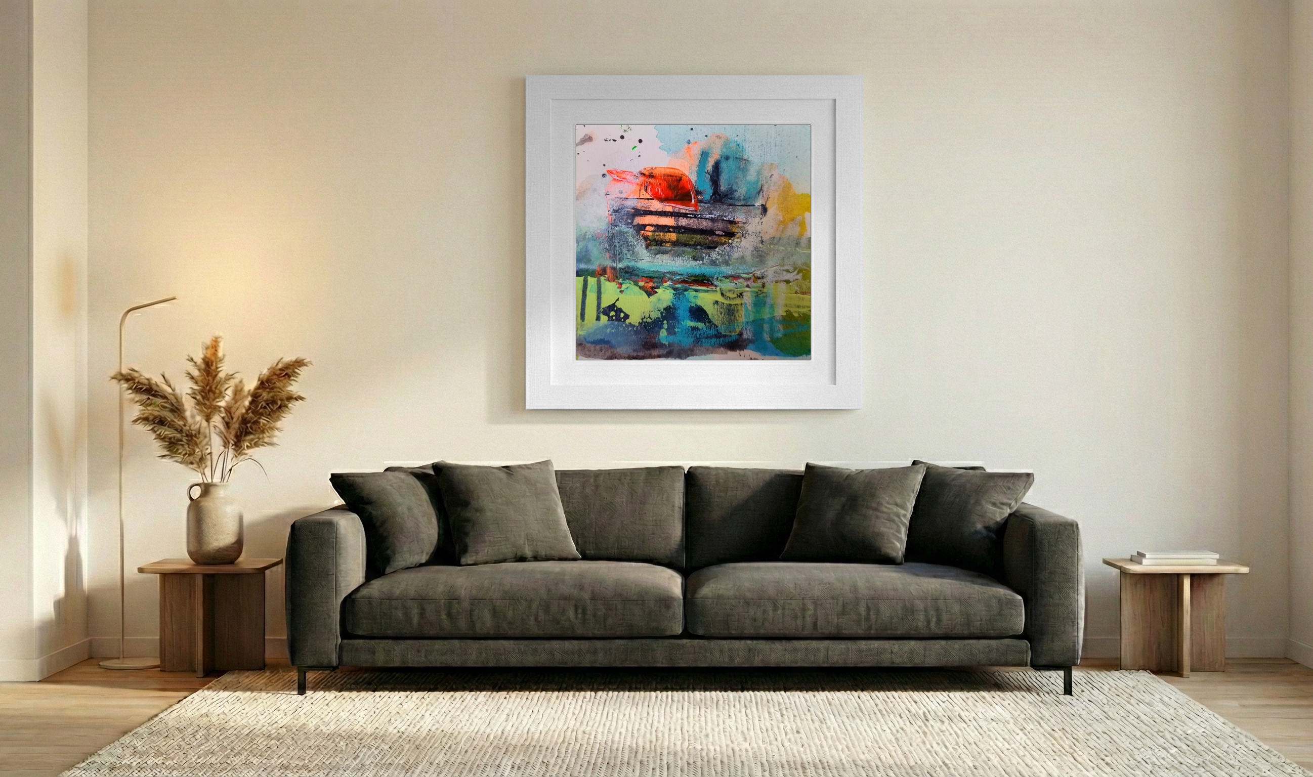 Vivid Orange and Turquoise Abstract on Paper — art on the wall, room interior preview 3
