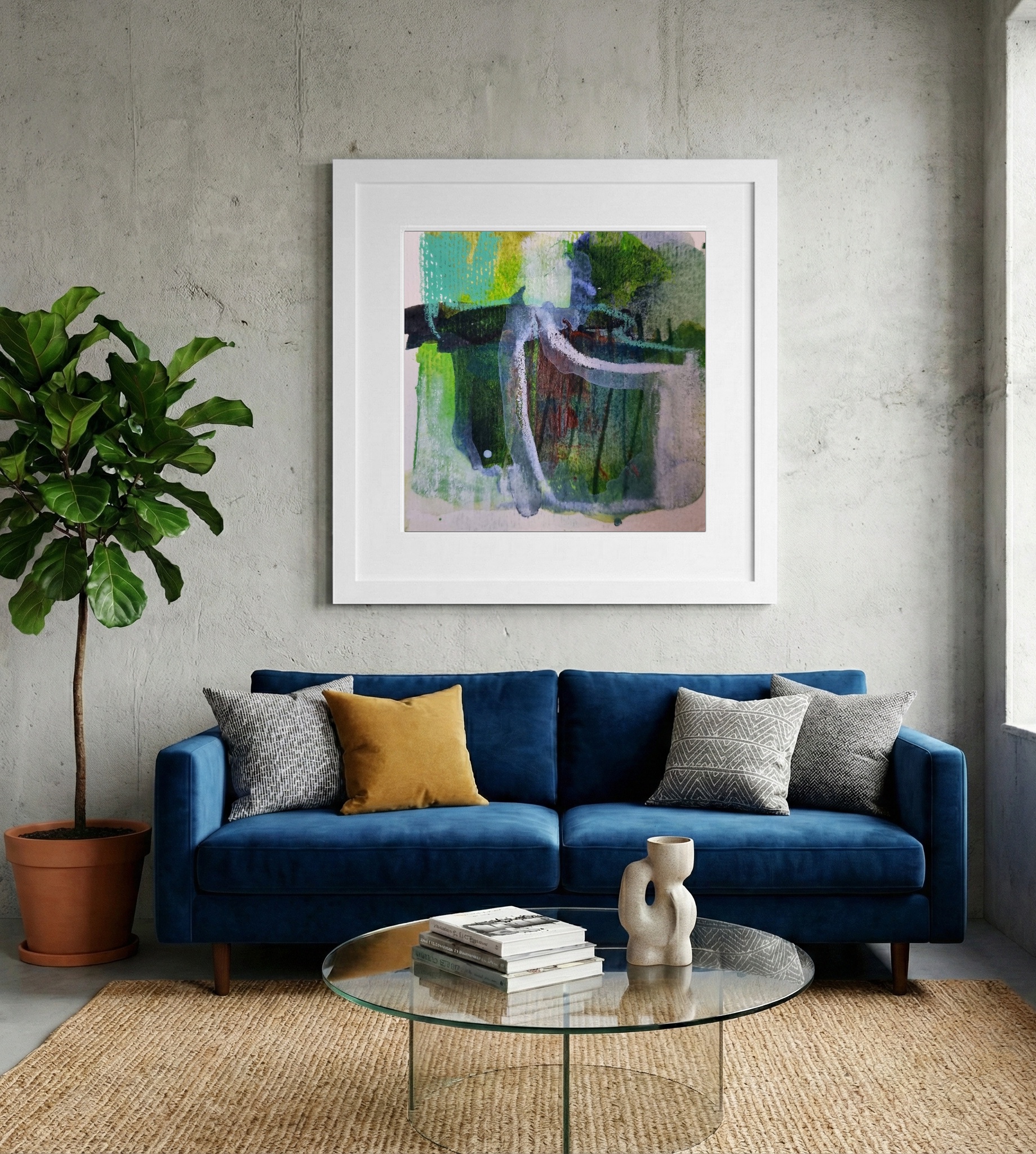 Emerald Green and Cerulean Abstract on Paper — art on the wall, room interior preview 2