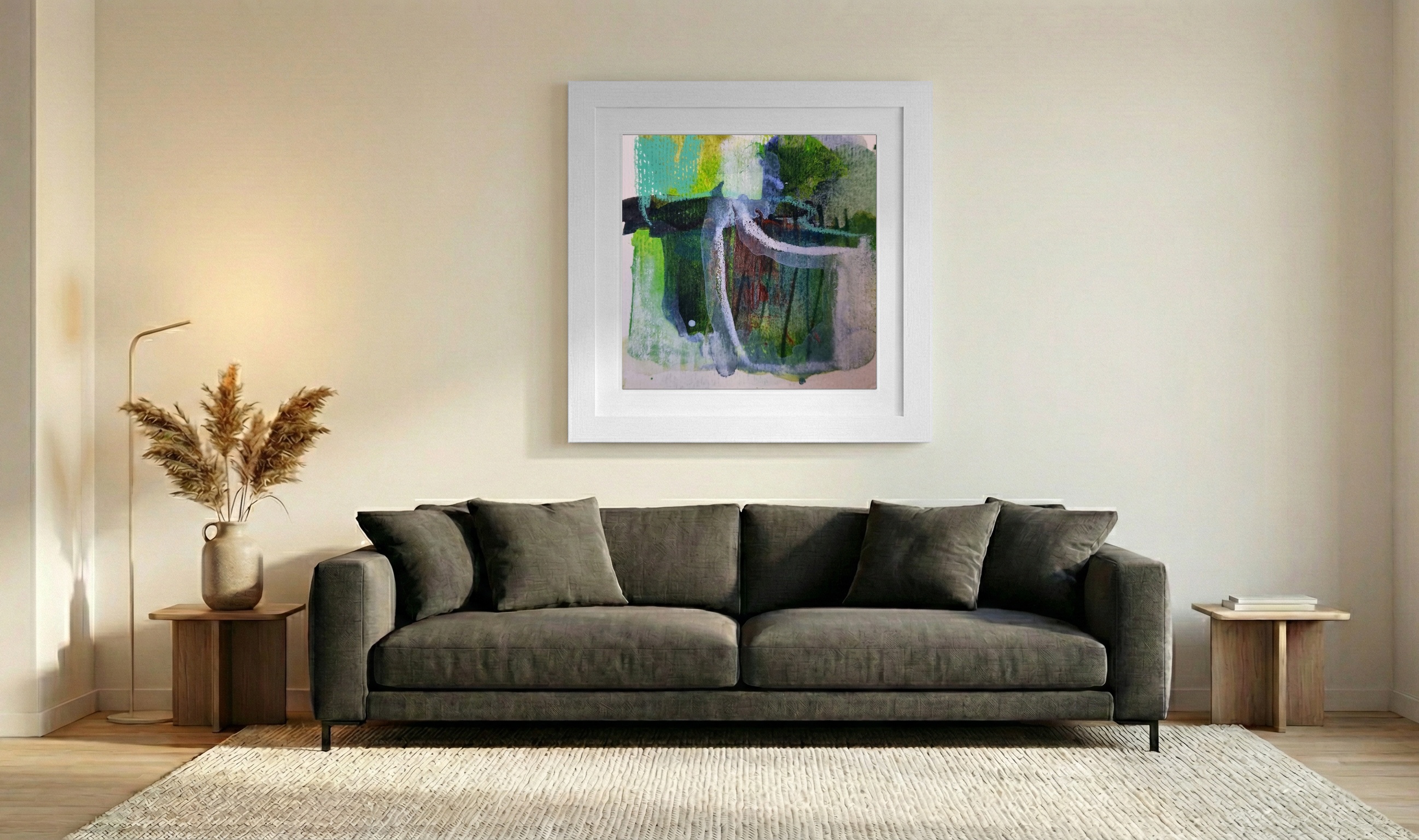 Emerald Green and Cerulean Abstract on Paper — art on the wall, room interior preview 3