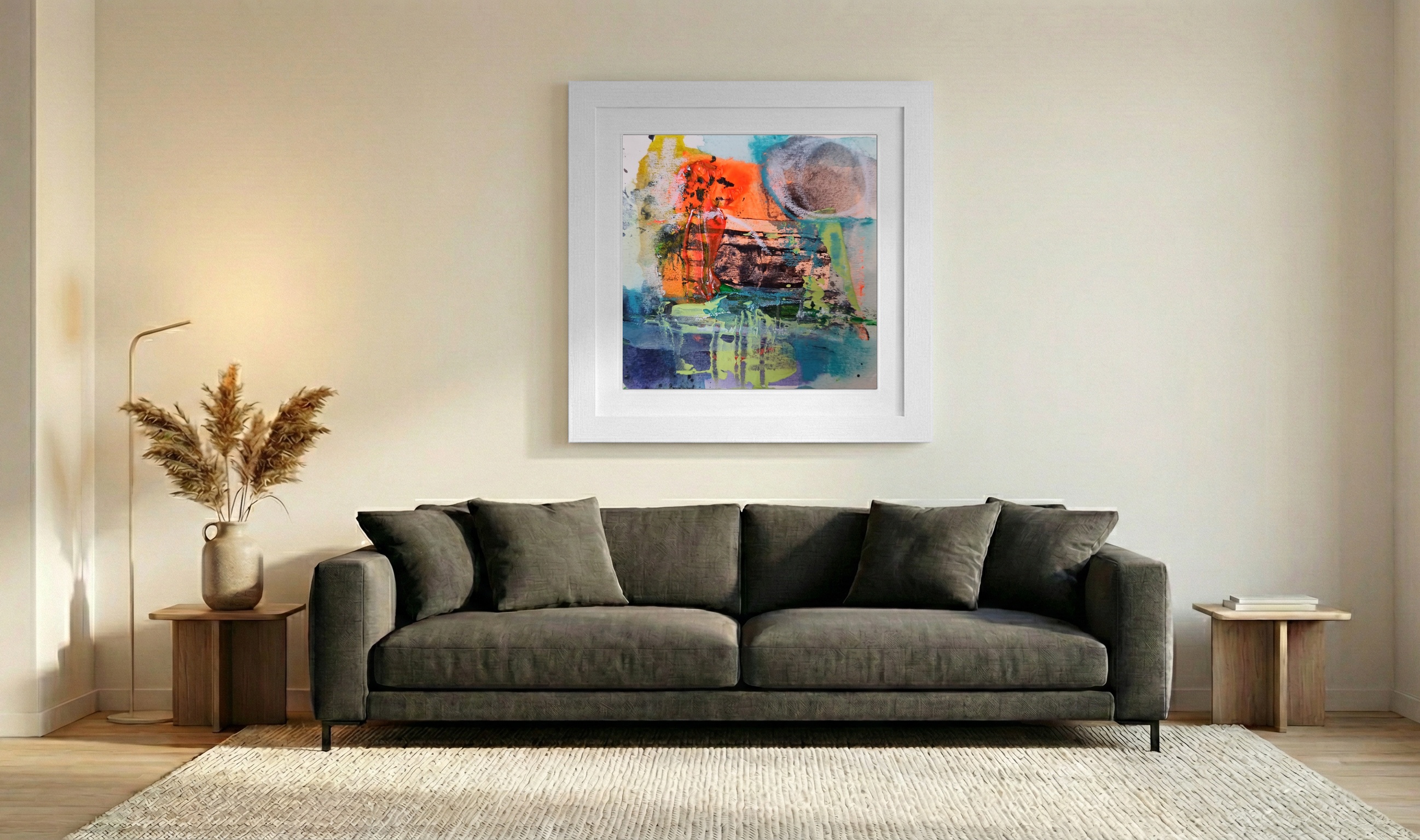 Neon Orange and Deep Blue on Paper — art on the wall, room interior preview 3