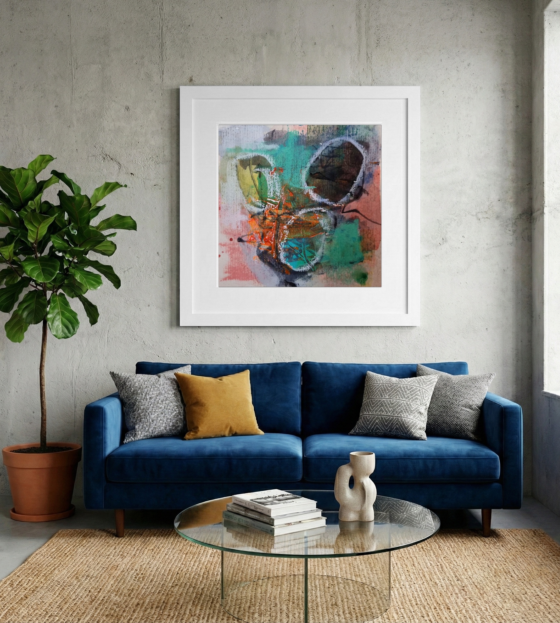 Teal and Earthy Orange on Paper — art on the wall, room interior preview 2