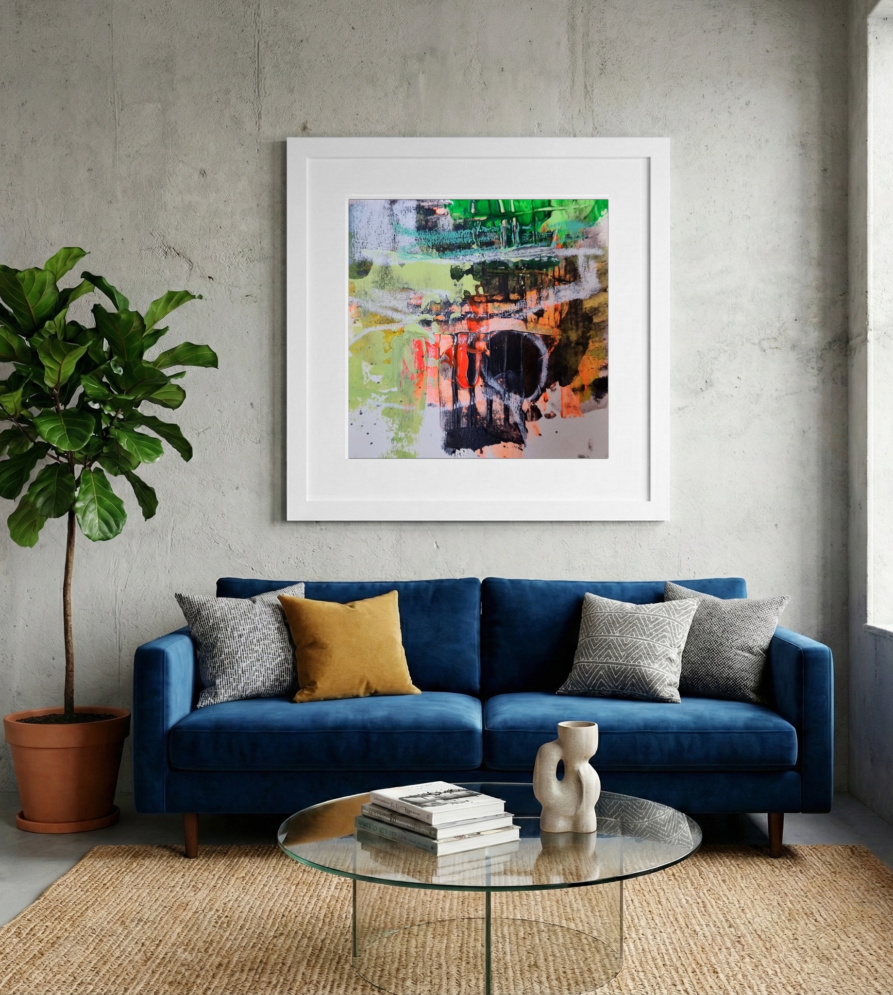 Bright Green and Orange Burst on Paper — art on the wall, room interior preview 2