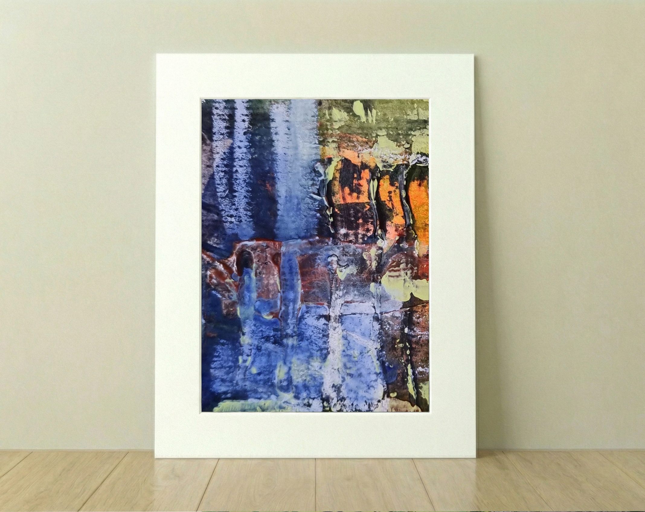 Deep Blue and Green Fusion on Paper — art on the wall, room interior preview 1