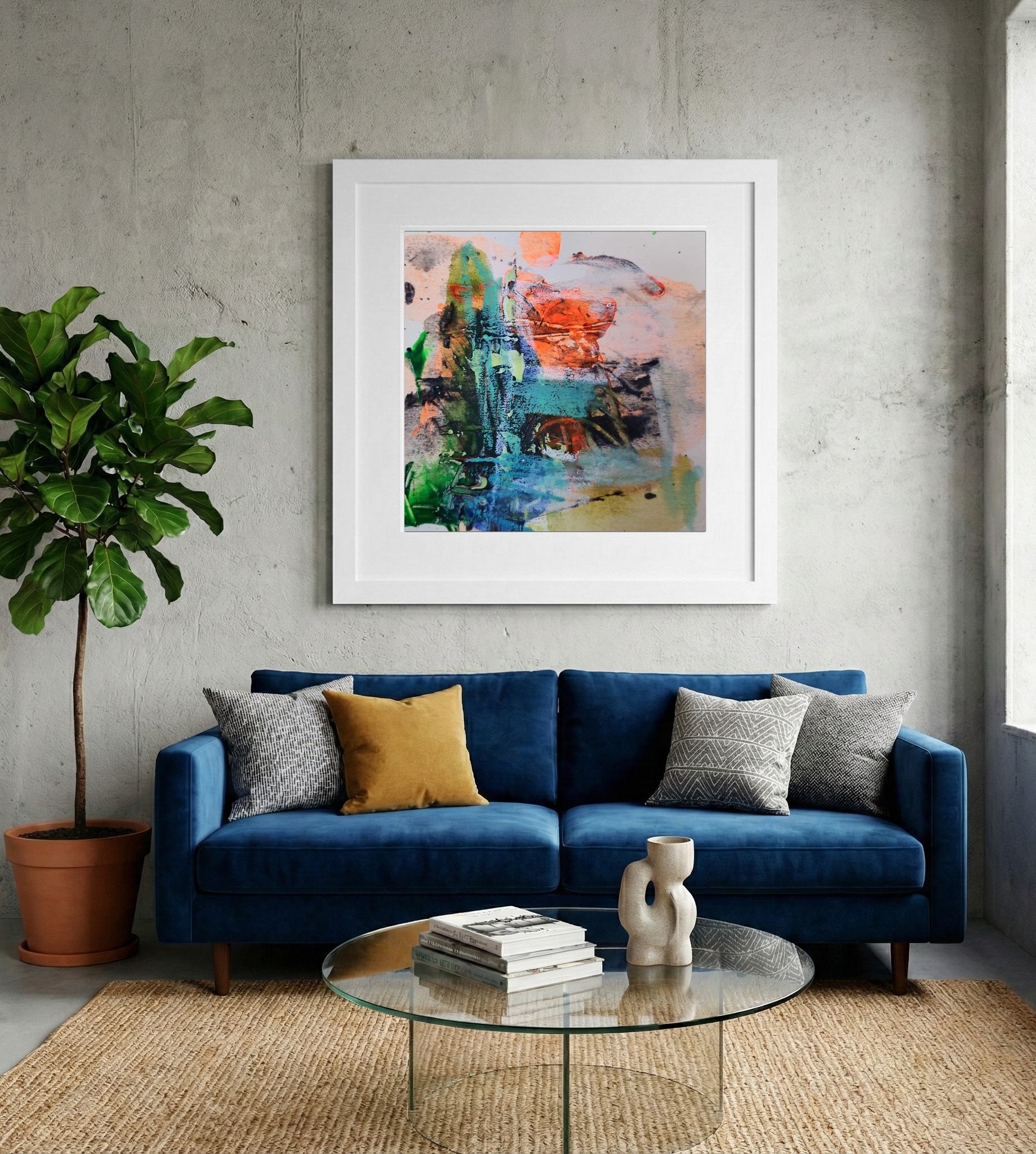 Teal and Orange Flow on Paper — art on the wall, room interior preview 2