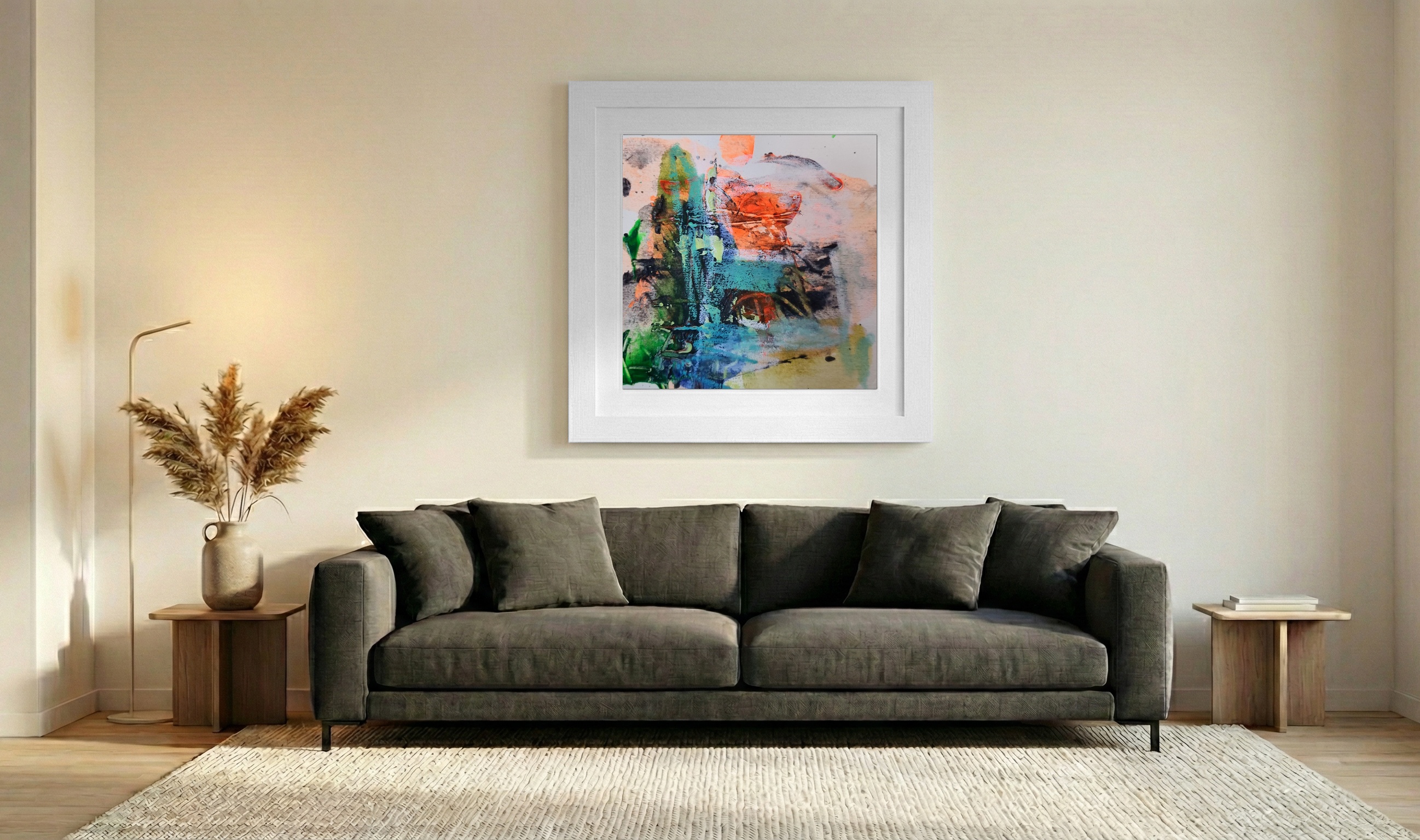 Teal and Orange Flow on Paper — art on the wall, room interior preview 3