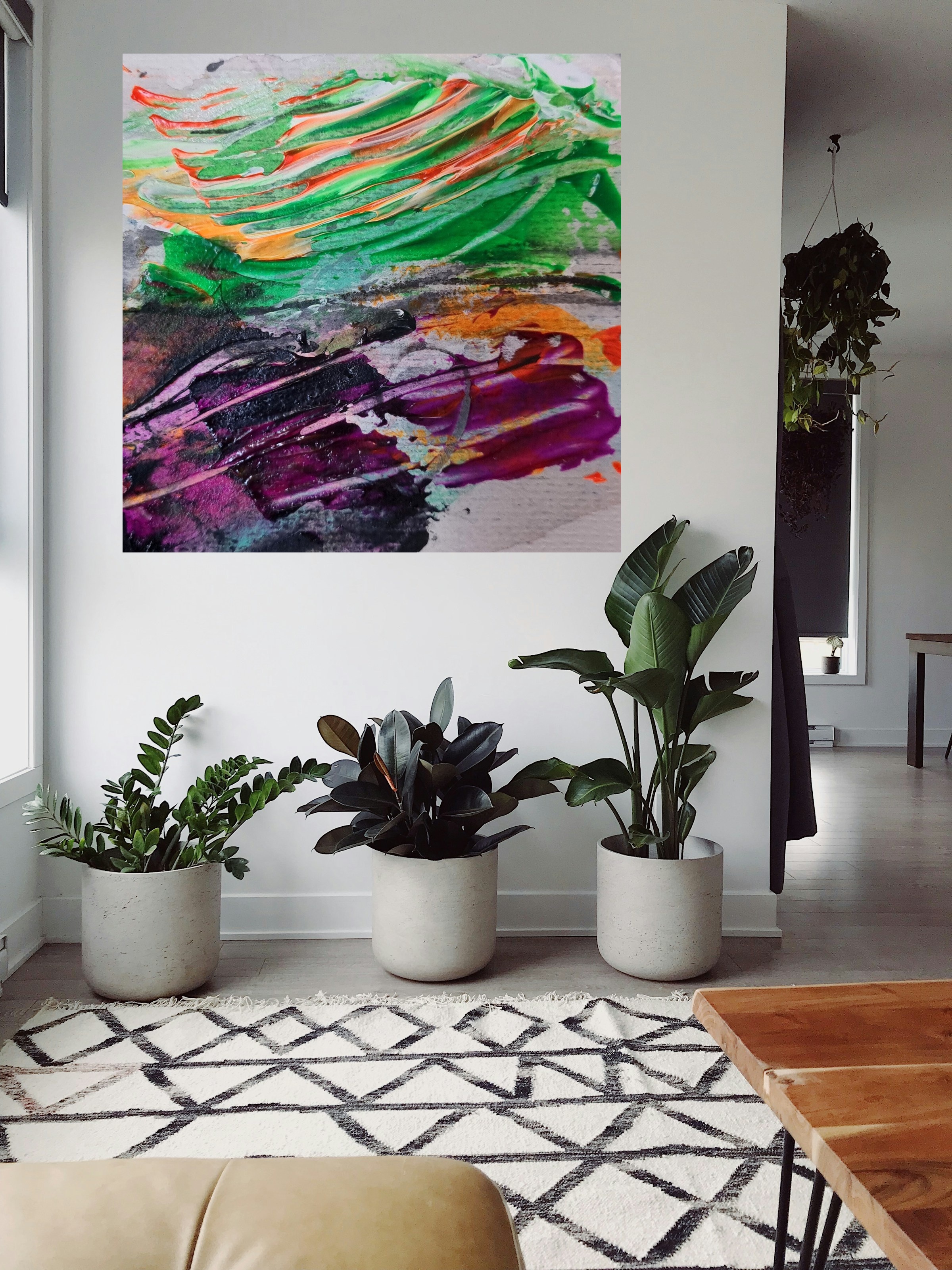Purple and Green Burst on Paper — art on the wall, room interior preview 1