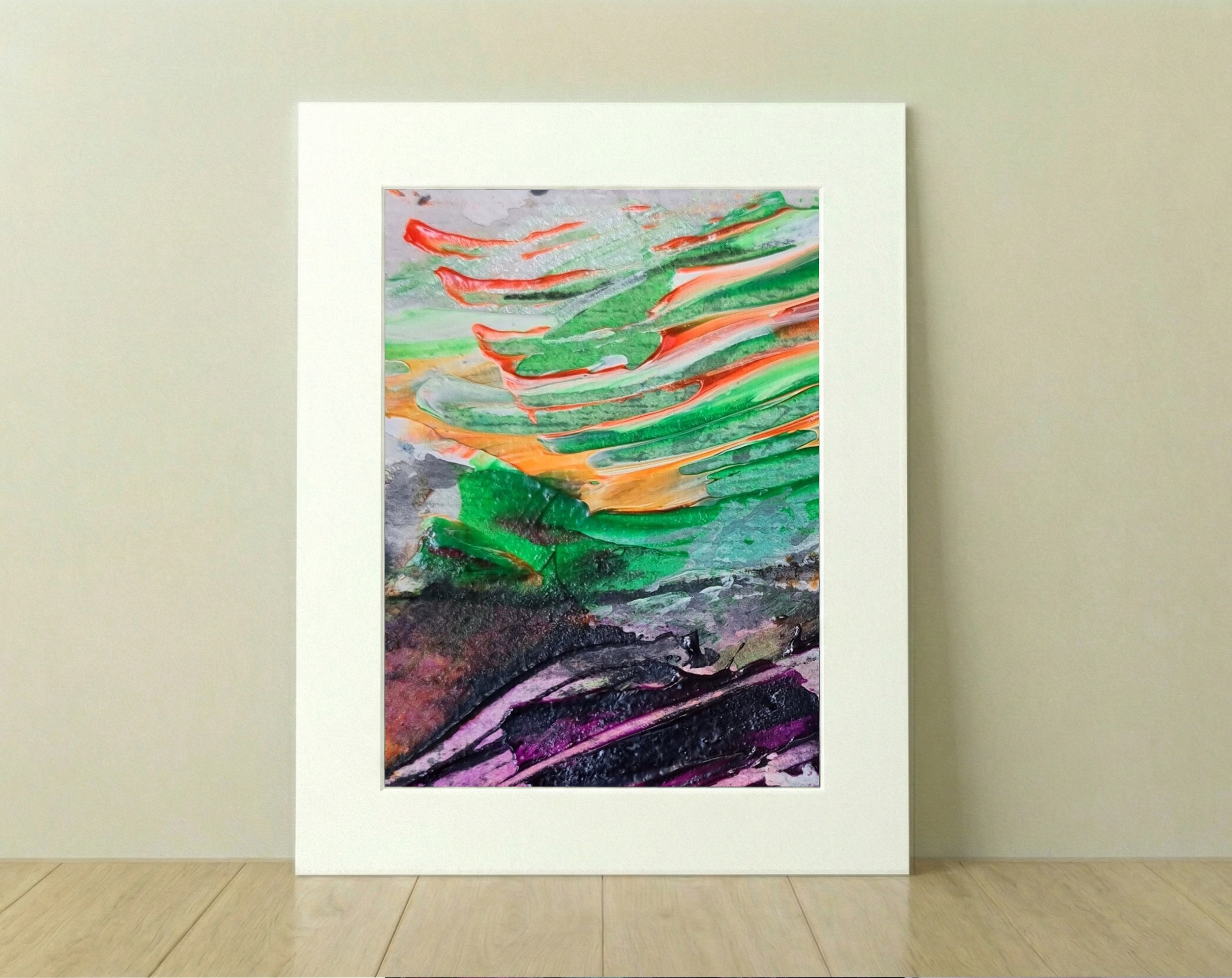 Purple and Green Burst on Paper — art on the wall, room interior preview 2