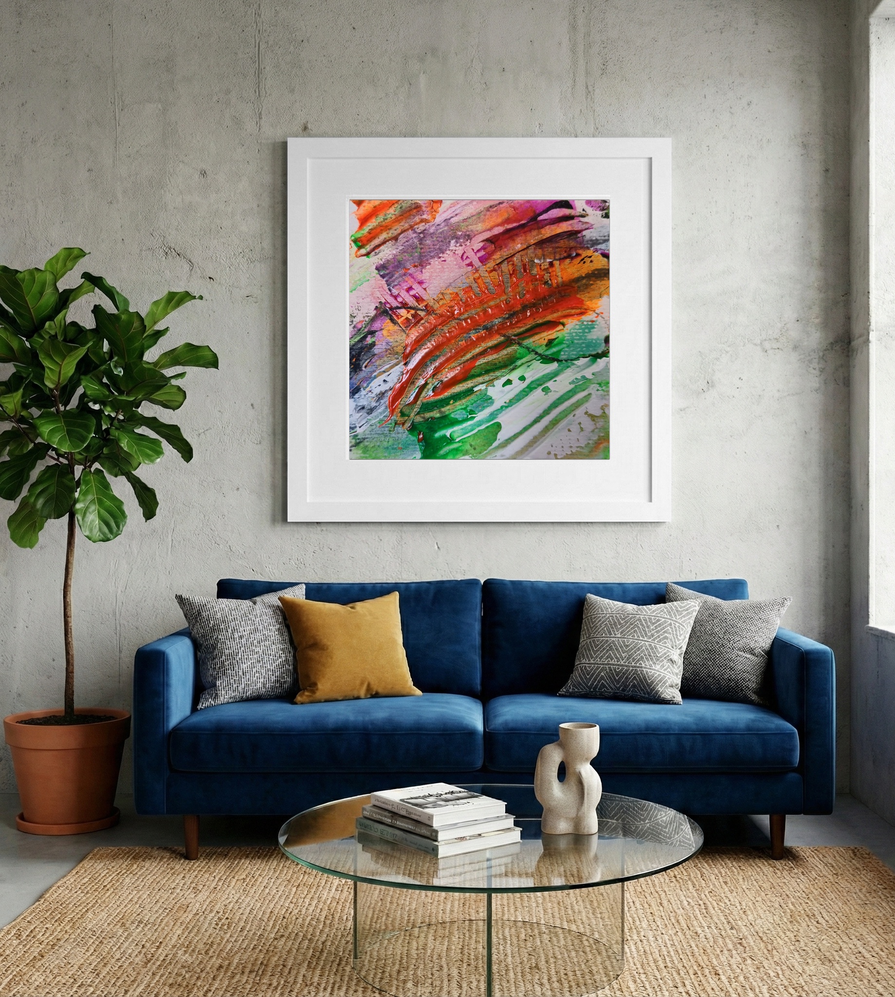 Crimson Swirls and Green on Paper — art on the wall, room interior preview 2