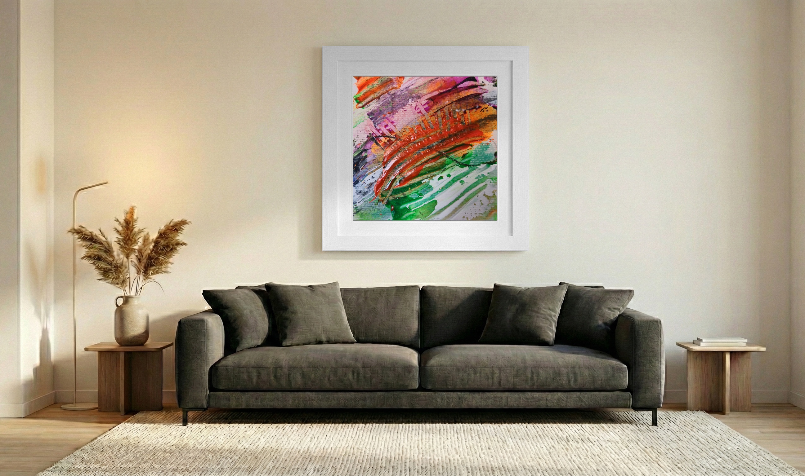 Crimson Swirls and Green on Paper — art on the wall, room interior preview 3