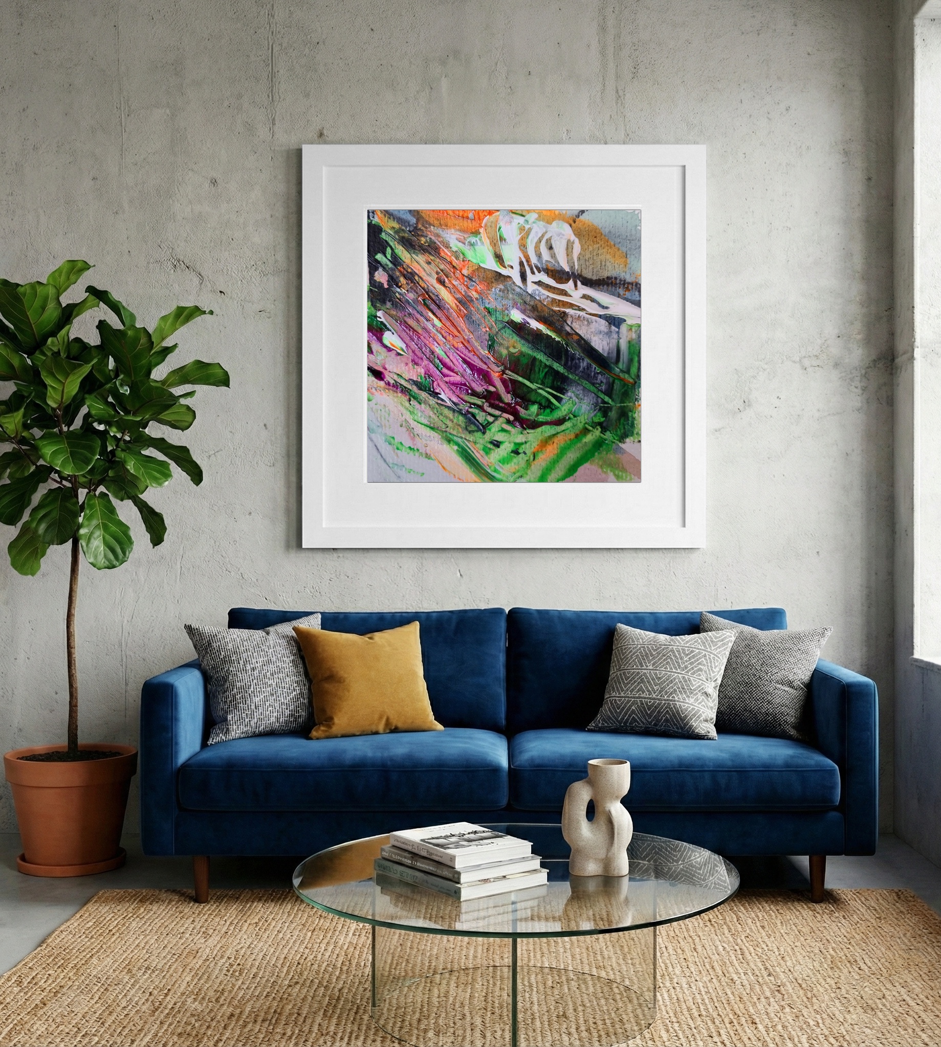Lush Green and Orange Abstract on Paper — art on the wall, room interior preview 2