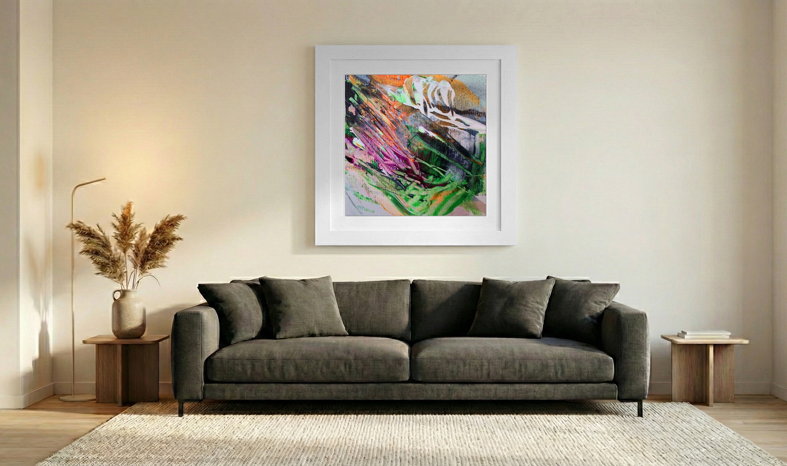 Lush Green and Orange Abstract on Paper — art on the wall, room interior preview 3