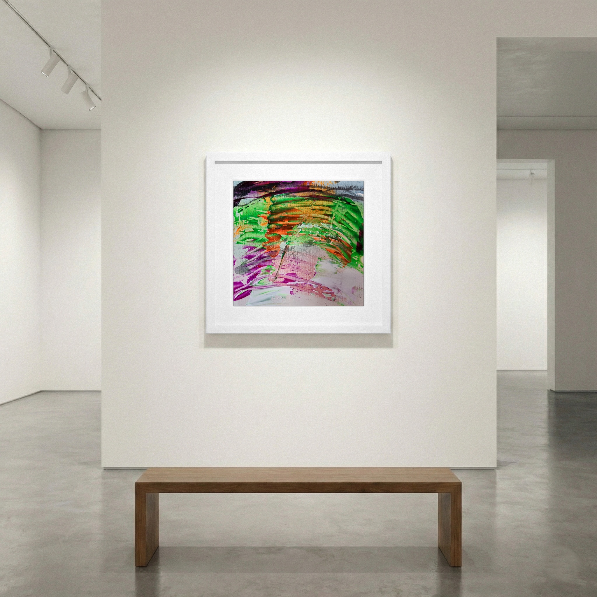 Dynamic Green and Purple Forms on Paper — art on the wall, room interior preview 1