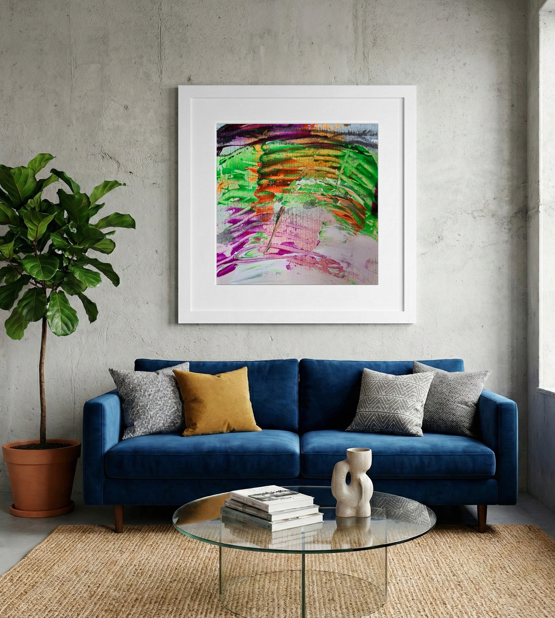 Dynamic Green and Purple Forms on Paper — art on the wall, room interior preview 2