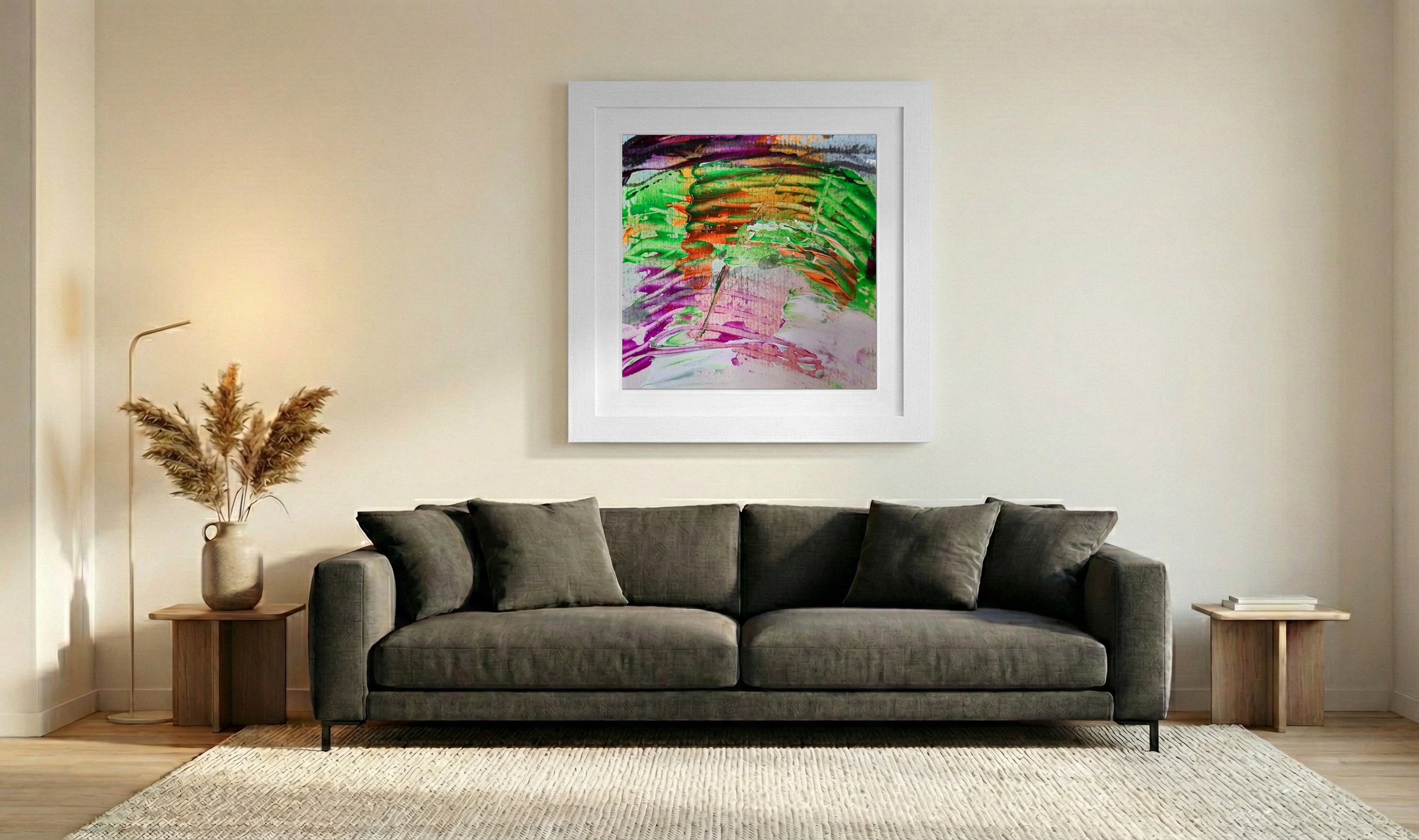 Dynamic Green and Purple Forms on Paper — art on the wall, room interior preview 3