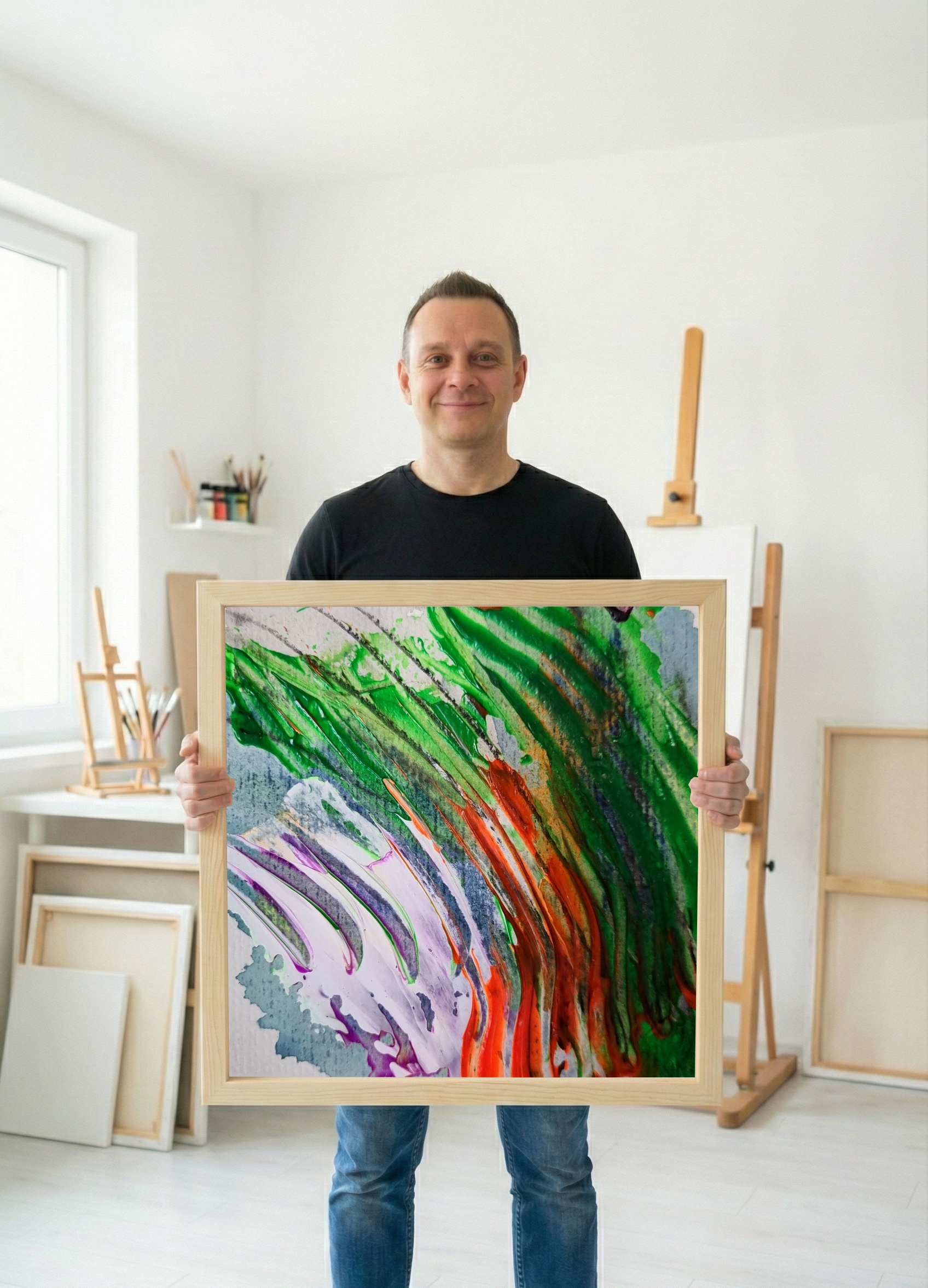 Vibrant Green and Orange Dance on Paper — art on the wall, room interior preview 2