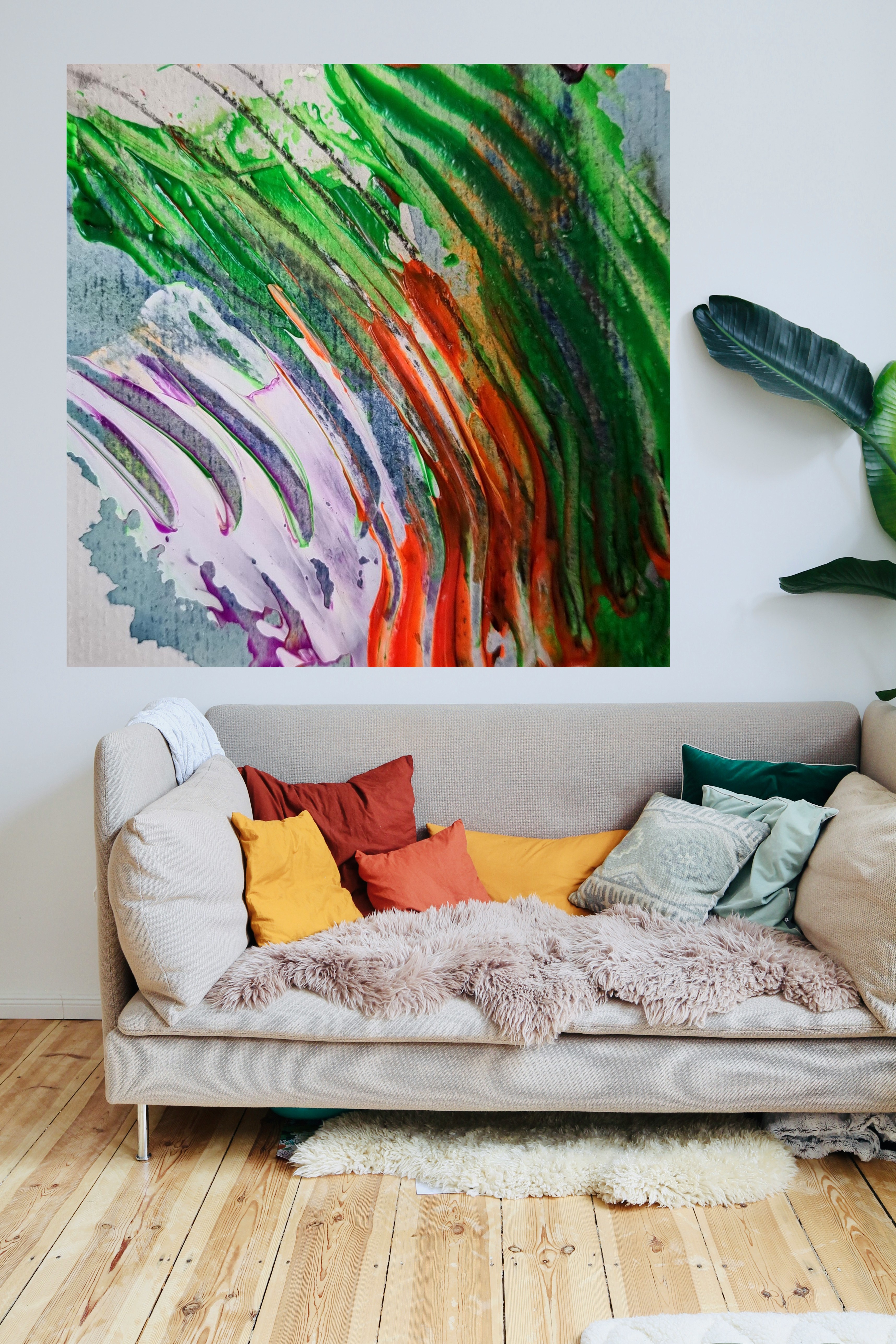 Vibrant Green and Orange Dance on Paper — art on the wall, room interior preview 3