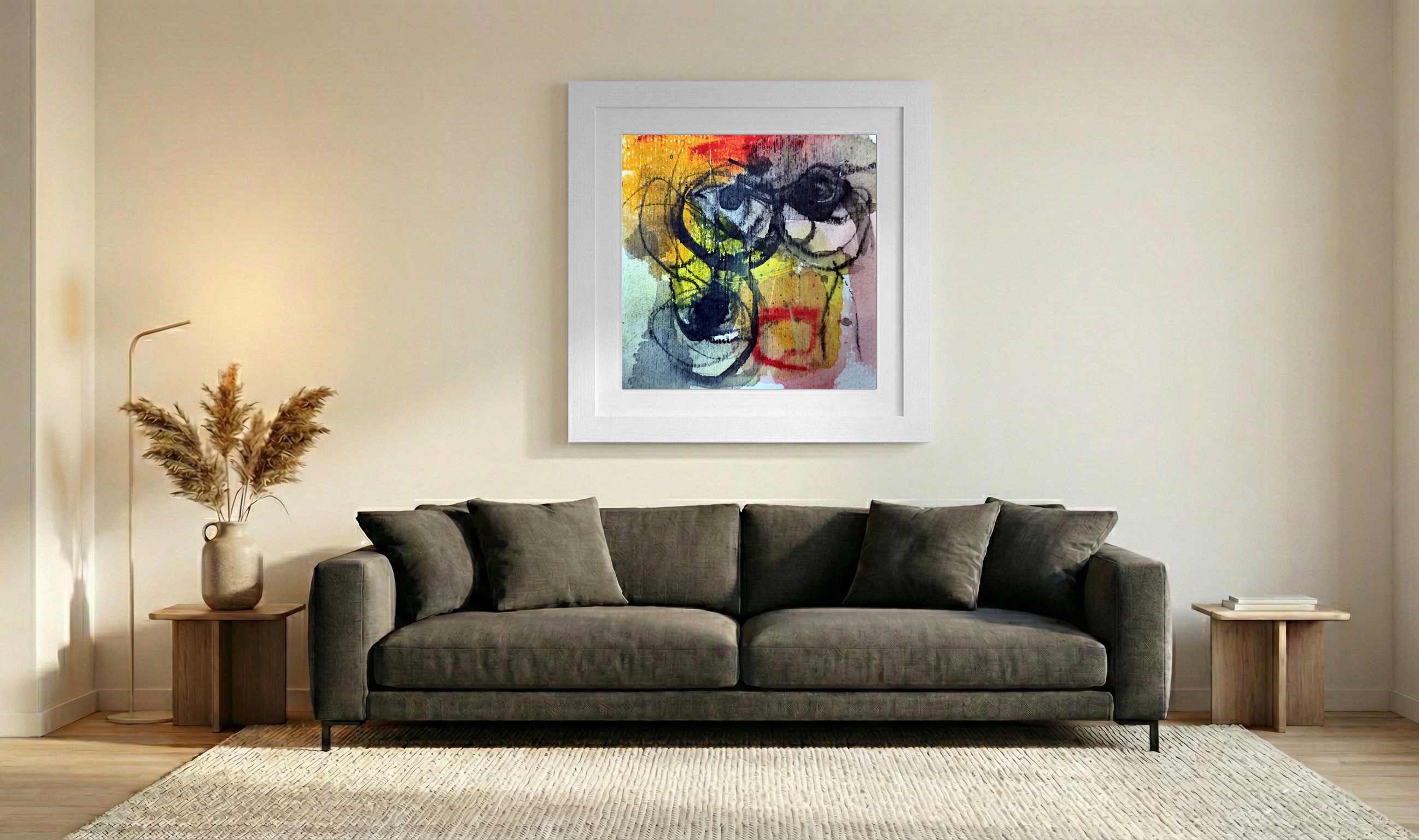 Burnt Yellow and Red Dance on Paper — art on the wall, room interior preview 3